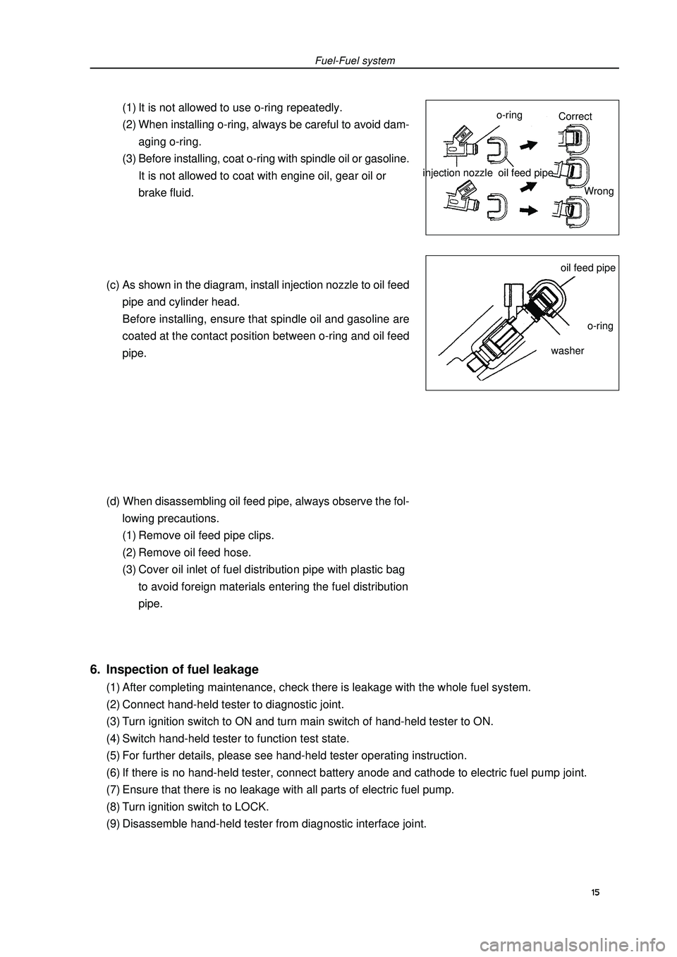 GEELY FC 2008 Workshop Manual Fuel-Fuel system(1) It is not allowed to use o-ring repeatedly.
(2) When installing o-ring, always be careful to avoid dam-
aging o-ring.
(3) Before installing, coat o-ring with spindle oil or gasolin GEELY FC 2008 Workshop Manual Fuel-Fuel system(1) It is not allowed to use o-ring repeatedly.
(2) When installing o-ring, always be careful to avoid dam-
aging o-ring.
(3) Before installing, coat o-ring with spindle oil or gasolin