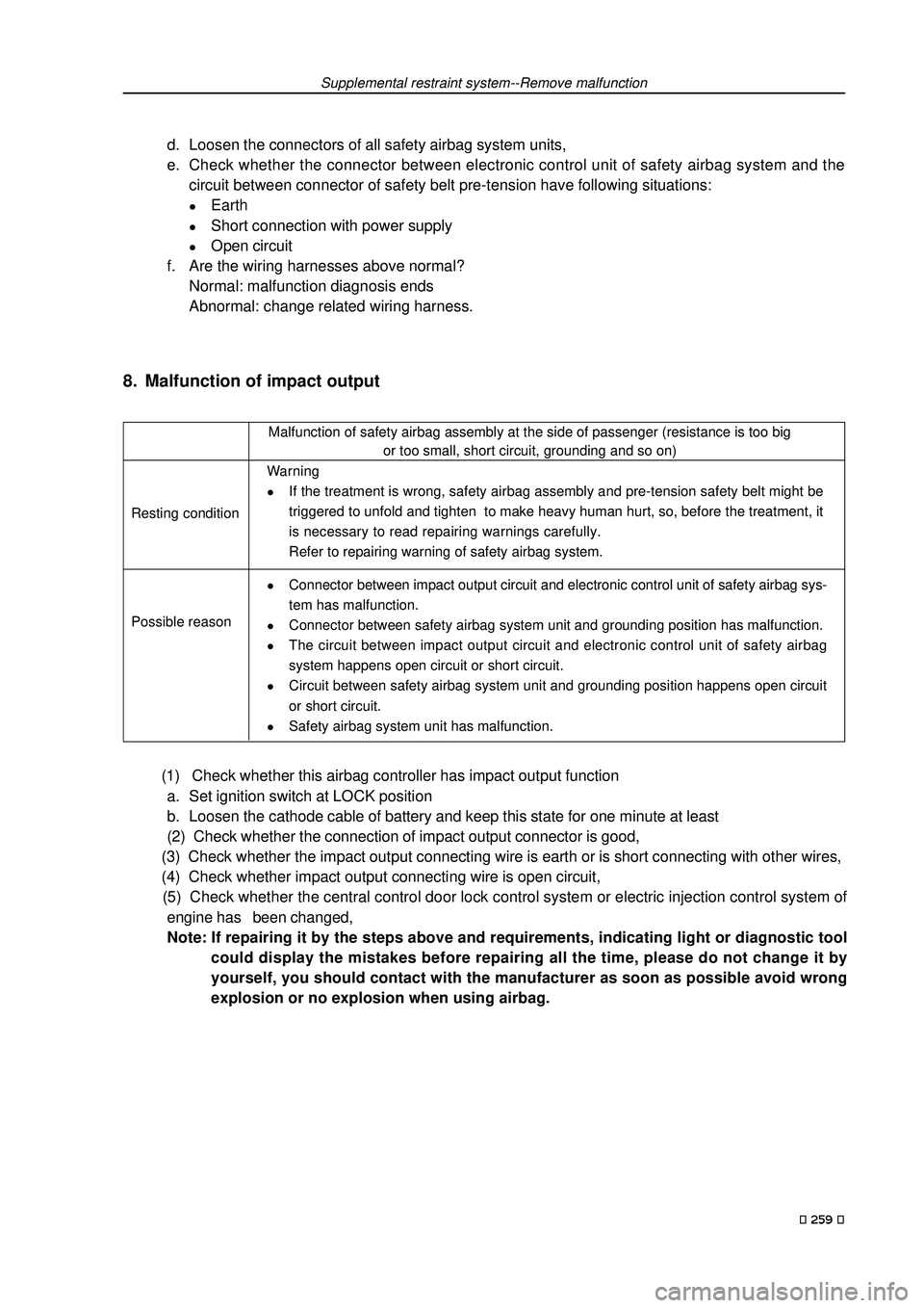 GEELY FC 2008  Workshop Manual d. Loosen the connectors of all safety airbag system units,
e. Check whether the connector between electronic control unit of safety airbag system and the
circuit between connector of safety belt pre-