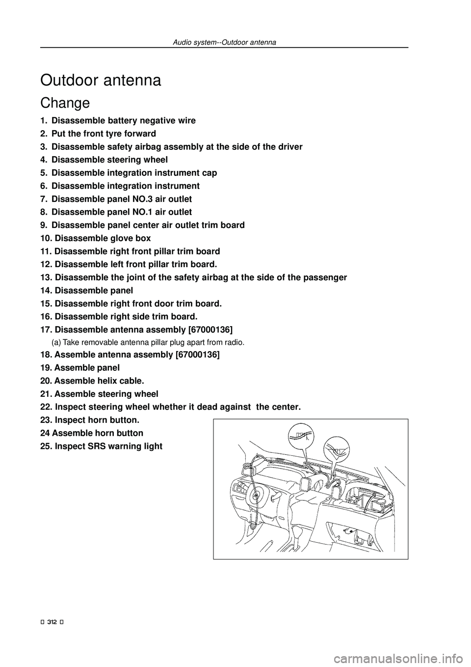 GEELY FC 2008  Workshop Manual Audio system--Outdoor antenna
Outdoor antenna
Change
1. Disassemble battery negative wire
2. Put the front tyre forward
3. Disassemble safety airbag assembly at the side of the driver
4. Disassemble s