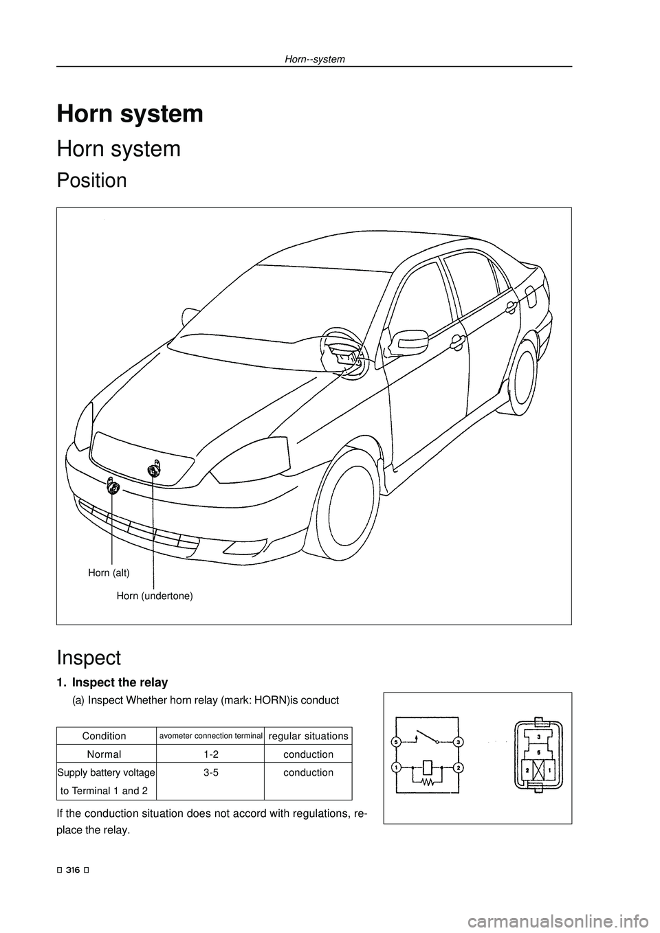 GEELY FC 2008  Workshop Manual Horn--system
Horn system
Horn system
Position
Inspect
1. Inspect the relay
(a) Inspect Whether horn relay (mark: HORN)is conduct
If the conduction situation does not accord with regulations, re-
place