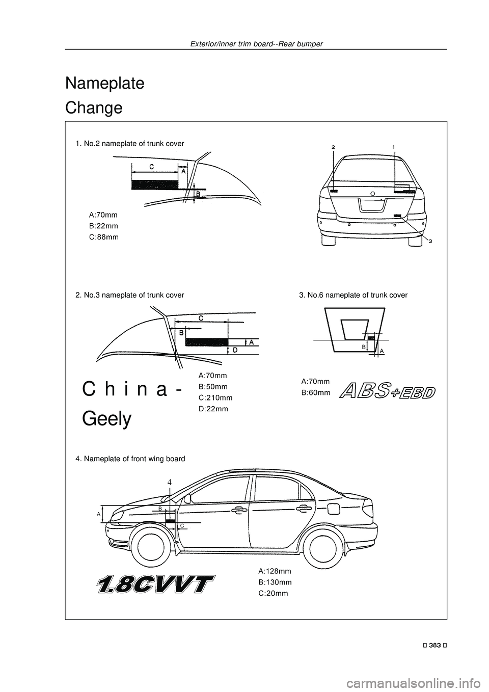 GEELY FC 2008  Workshop Manual Exterior/inner trim board--Rear bumper
Nameplate
Change
1. No.2 nameplate of trunk cover
2. No.3 nameplate of trunk cover3. No.6 nameplate of trunk cover
4. Nameplate of front wing board
1 2
3
China-
