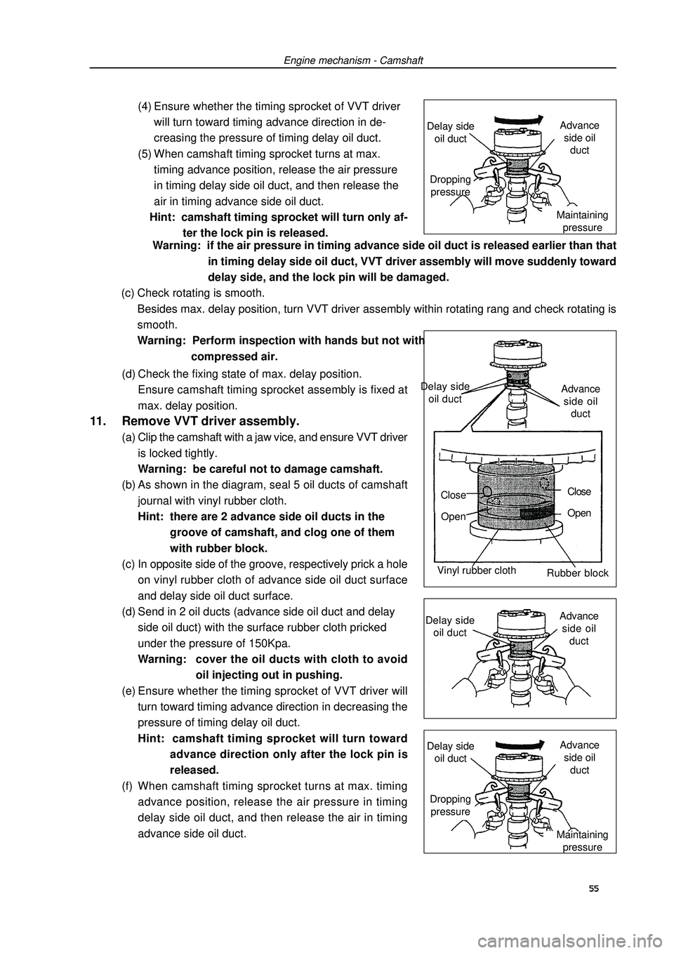 GEELY FC 2008 Owners Manual Engine mechanism - Camshaft(4) Ensure whether the timing sprocket of VVT driver
will turn toward timing advance direction in de-
creasing the pressure of timing delay oil duct.
(5) When camshaft timin GEELY FC 2008 Owners Manual Engine mechanism - Camshaft(4) Ensure whether the timing sprocket of VVT driver
will turn toward timing advance direction in de-
creasing the pressure of timing delay oil duct.
(5) When camshaft timin