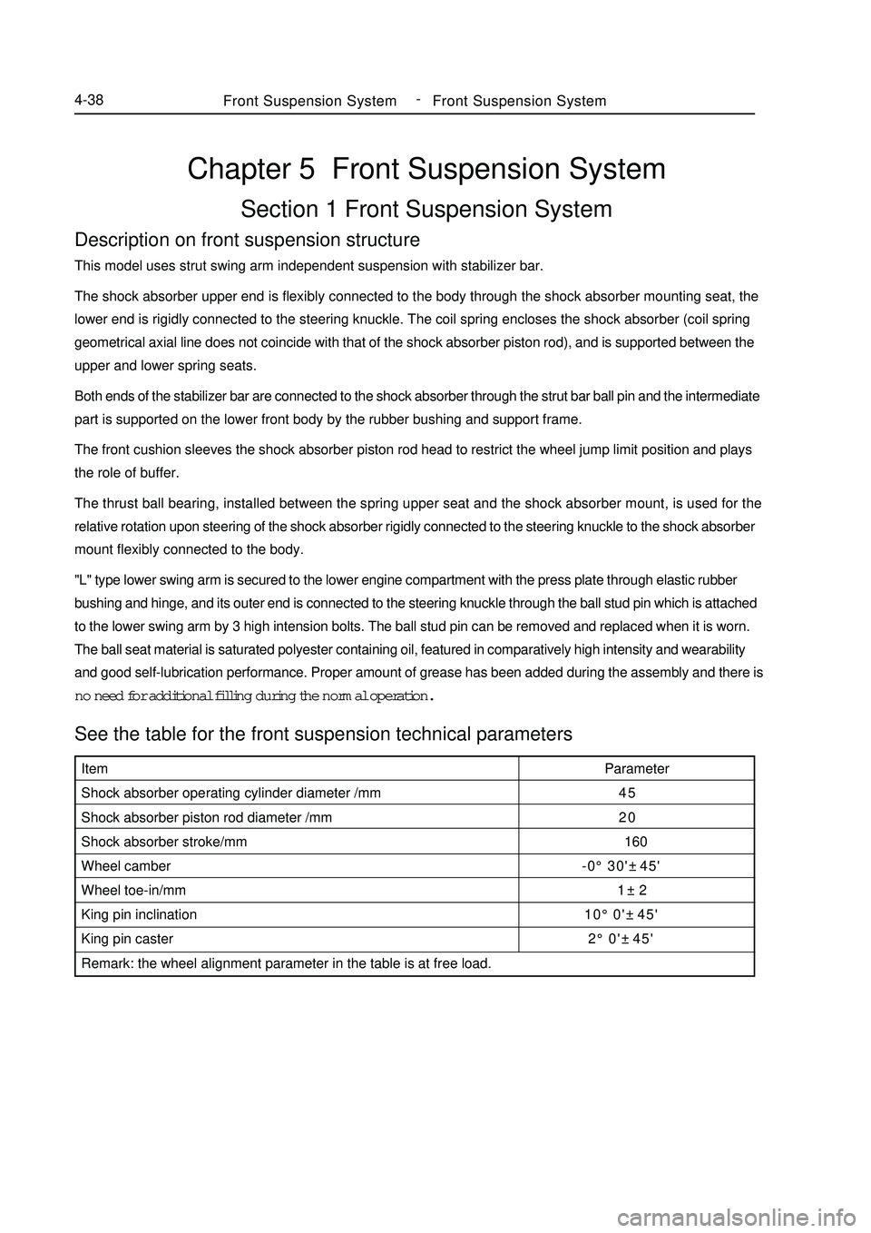 GEELY MK 2008 Workshop Manual Chapter 5 Front Suspension SystemSection 1 Front Suspension SystemDescription on front suspension structureThis model uses strut swing arm independent suspension with stabilizer bar.
The shock absorb GEELY MK 2008 Workshop Manual Chapter 5 Front Suspension SystemSection 1 Front Suspension SystemDescription on front suspension structureThis model uses strut swing arm independent suspension with stabilizer bar.
The shock absorb