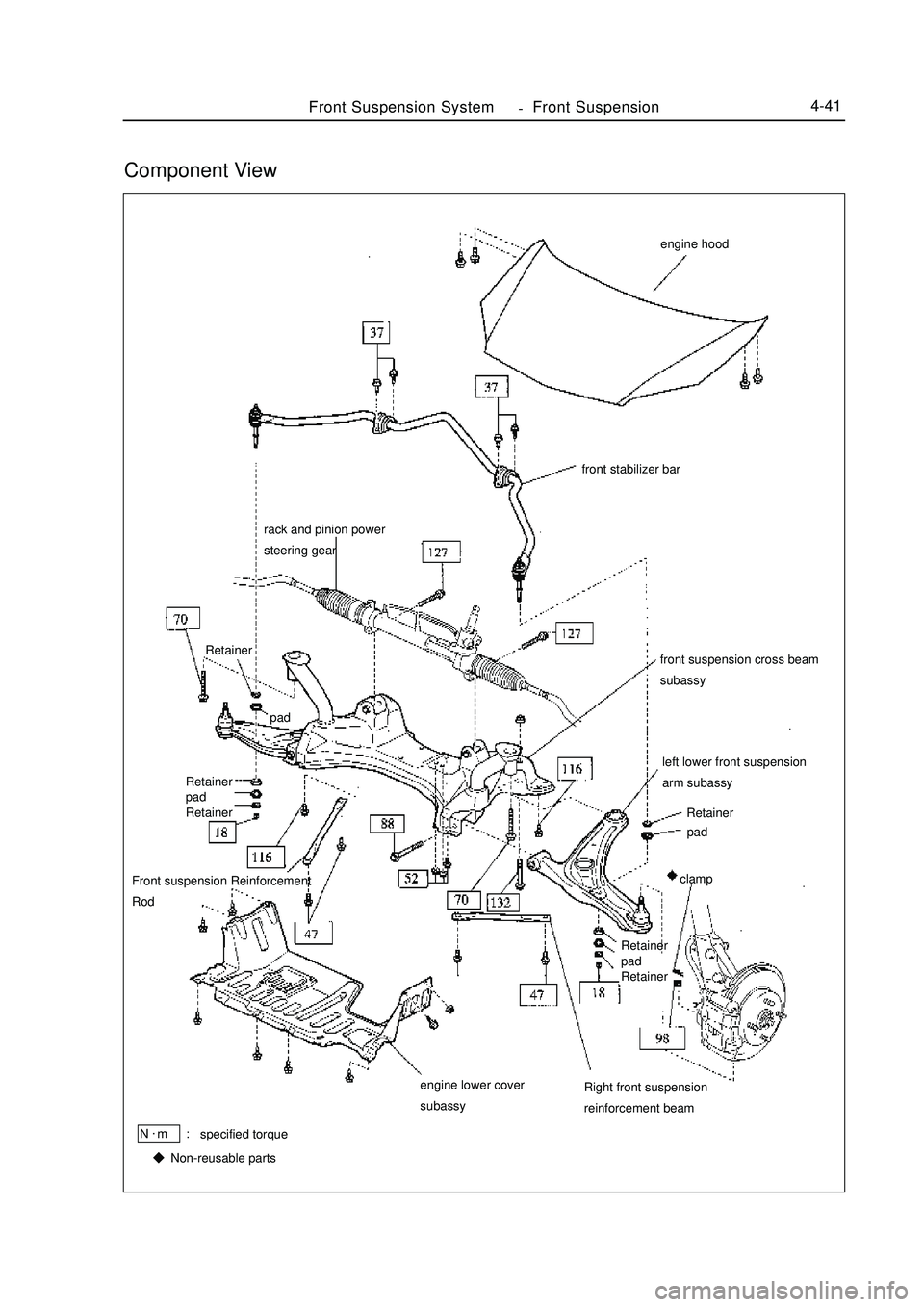 GEELY MK 2008  Workshop Manual left lower front suspension
arm subassyFront Suspension SystemFront Suspension4-41rack and pinion power
steering gear
engine lower cover
subassyRight front suspension
reinforcement beam Front suspensi