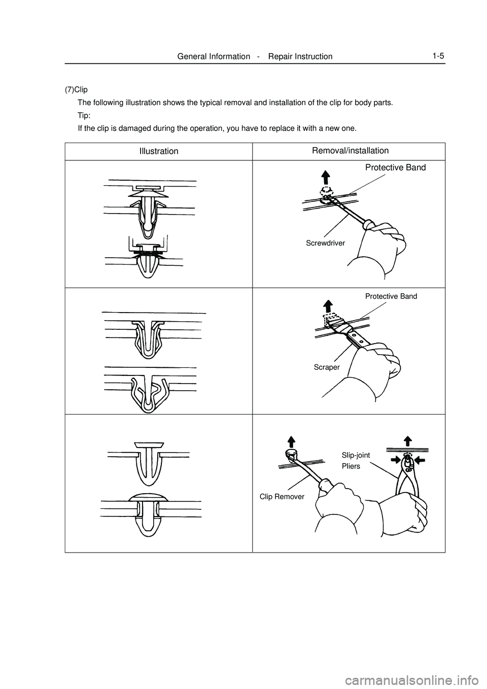GEELY MK 2008 User Guide General Information - Repair Instruction1-5(7)Clip
The following illustration shows the typical removal and installation of the clip for body parts.
Tip:
If the clip is damaged durin GEELY MK 2008 User Guide General Information - Repair Instruction1-5(7)Clip
The following illustration shows the typical removal and installation of the clip for body parts.
Tip:
If the clip is damaged durin