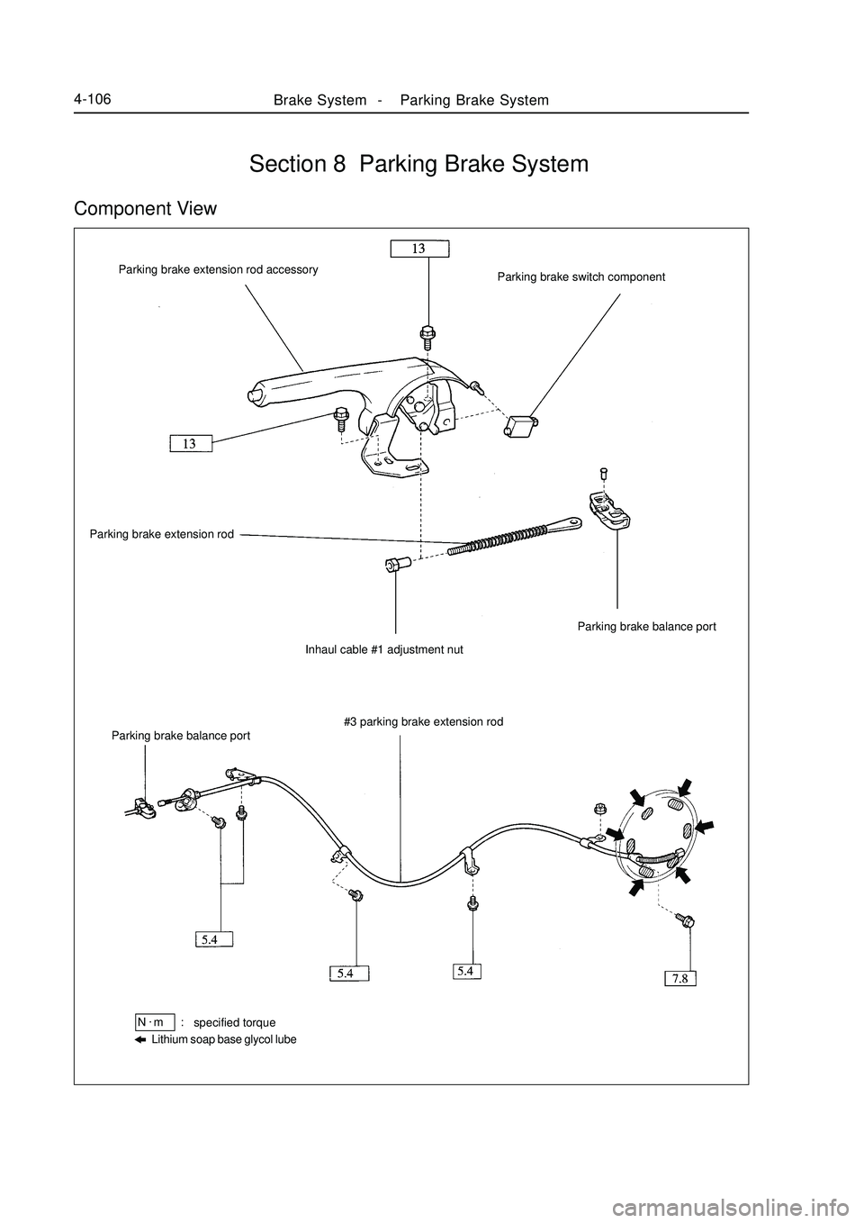 GEELY MK 2008 User Guide Brake System -Parking Brake System4-106Section 8 Parking Brake SystemComponent View#3 parking brake extension rod
Lithium soap base glycol lubespecified torqueN.
m :Parking brake balance port Parkin GEELY MK 2008 User Guide Brake System -Parking Brake System4-106Section 8 Parking Brake SystemComponent View#3 parking brake extension rod
Lithium soap base glycol lubespecified torqueN.
m :Parking brake balance port Parkin