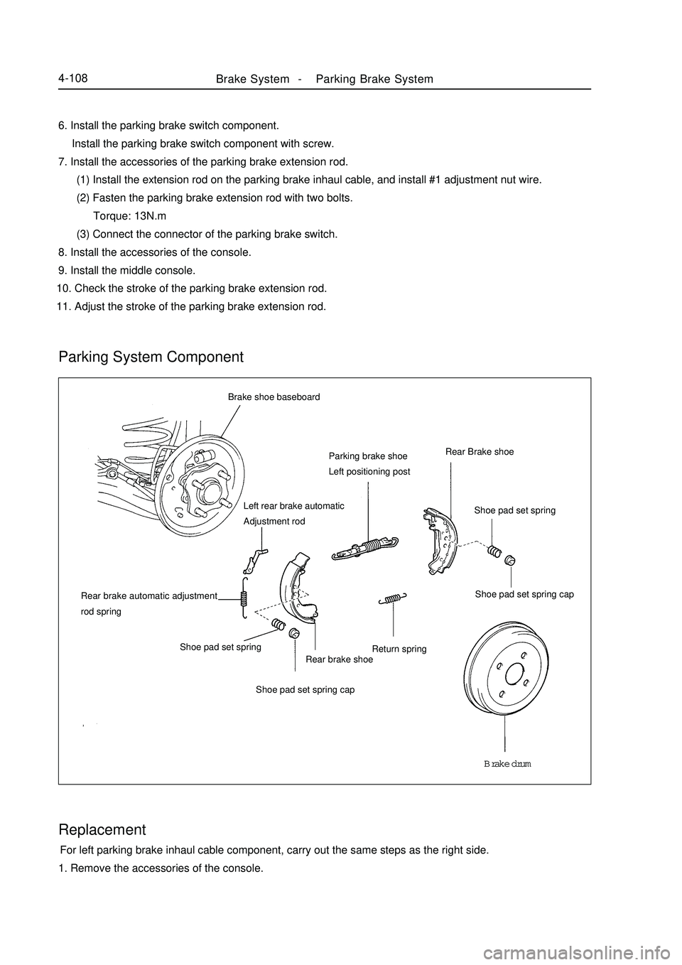 GEELY MK 2008 Manual Online Brake System -Parking Brake System4-108Brake shoe baseboard
Parking brake shoe
Left positioning postRear Brake shoe
Shoe pad set spring cap
Rear brake shoe
Shoe pad set spring cap Shoe pad set springP GEELY MK 2008 Manual Online Brake System -Parking Brake System4-108Brake shoe baseboard
Parking brake shoe
Left positioning postRear Brake shoe
Shoe pad set spring cap
Rear brake shoe
Shoe pad set spring cap Shoe pad set springP
