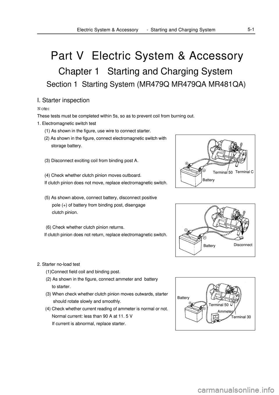 GEELY MK 2008 Owners Manual Part V Electric System & AccessoryChapter 1 Starting and Charging SystemSection 1 Starting System (MR479Q MR479QA MR481QA)I. Starter inspectionNote:
These tests must be completed within 5s, so as GEELY MK 2008 Owners Manual Part V Electric System & AccessoryChapter 1 Starting and Charging SystemSection 1 Starting System (MR479Q MR479QA MR481QA)I. Starter inspectionNote:
These tests must be completed within 5s, so as