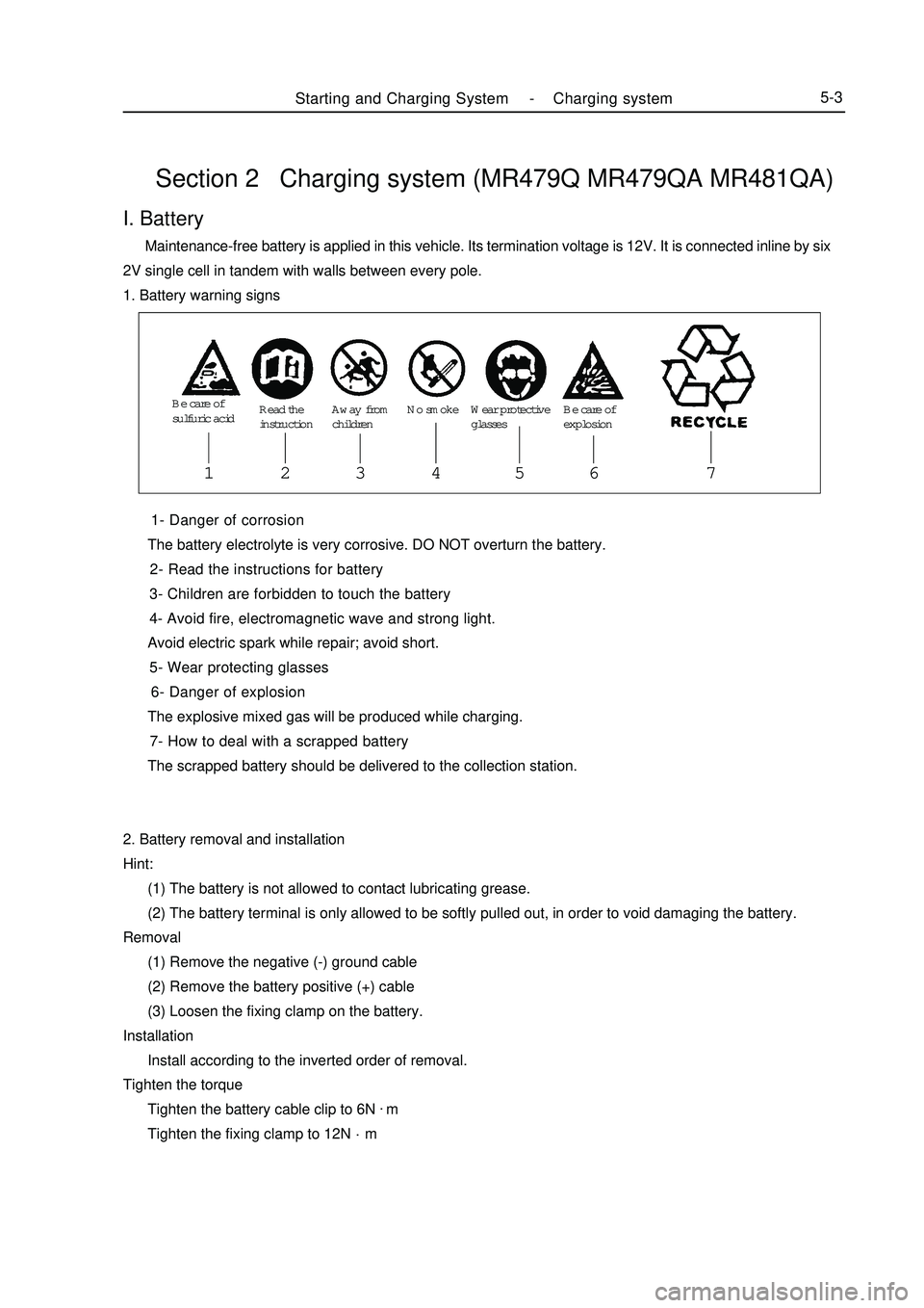 GEELY MK 2008 Workshop Manual Section 2 Charging system (MR479Q MR479QA MR481QA) 1- Danger of corrosion
The battery electrolyte is very corrosive. DO NOT overturn the battery.
2- Read the instructions for batter GEELY MK 2008 Workshop Manual Section 2 Charging system (MR479Q MR479QA MR481QA) 1- Danger of corrosion
The battery electrolyte is very corrosive. DO NOT overturn the battery.
2- Read the instructions for batter