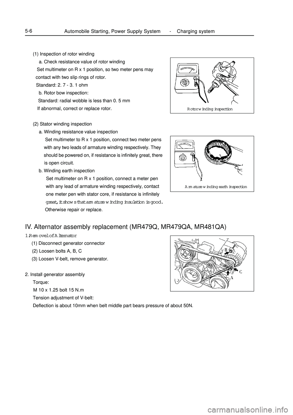 GEELY MK 2008 Workshop Manual (1) Inspection of rotor winding
a. Check resistance value of rotor winding
Set multimeter on R x 1 position, so two meter pens may
contact with two slip rings of rotor.
Standard: 2. GEELY MK 2008 Workshop Manual (1) Inspection of rotor winding
a. Check resistance value of rotor winding
Set multimeter on R x 1 position, so two meter pens may
contact with two slip rings of rotor.
Standard: 2.