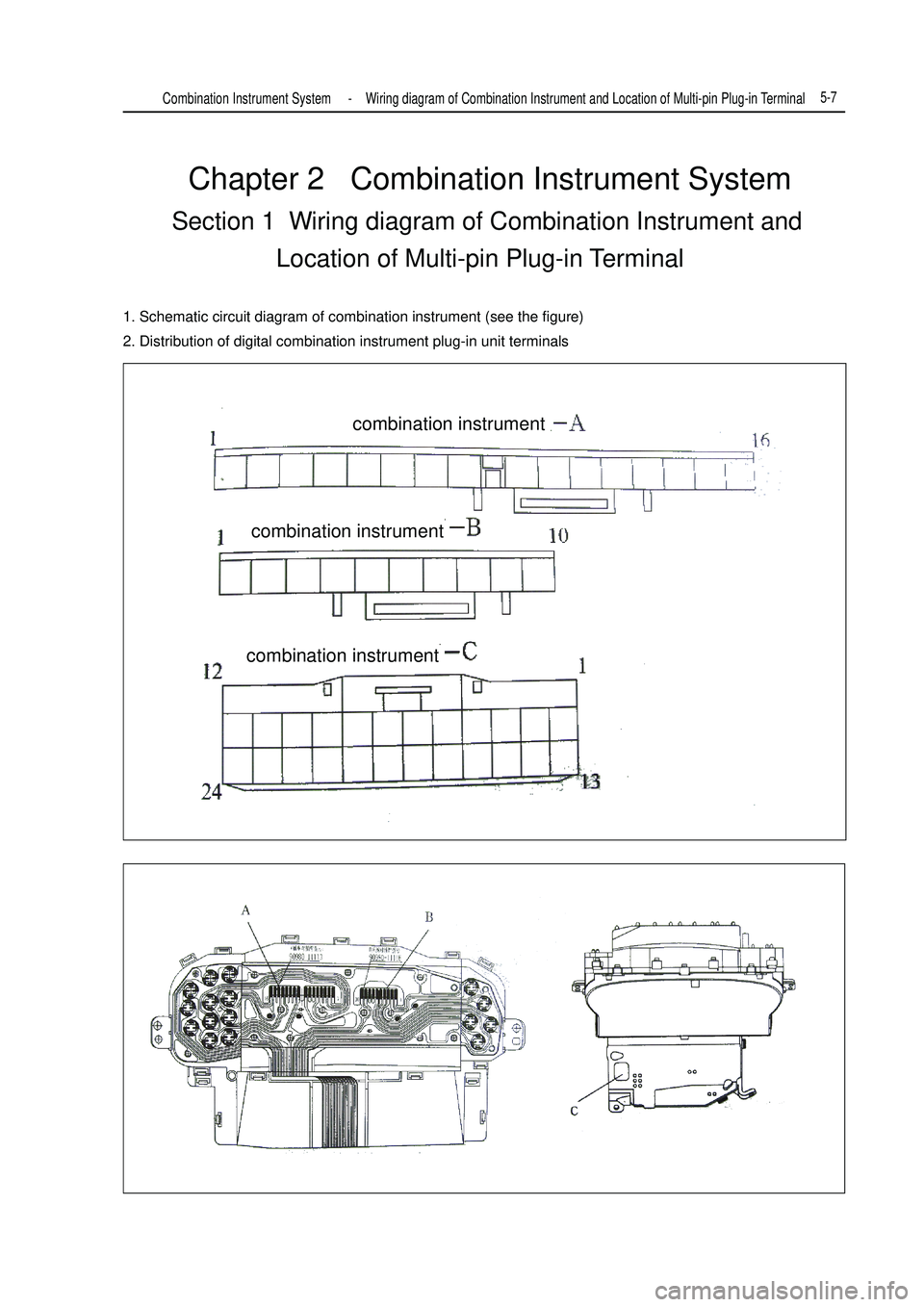 GEELY MK 2008  Workshop Manual Chapter 2   Combination Instrument SystemSection 1  Wiring diagram of Combination Instrument and
Location of Multi-pin Plug-in Terminal1. Schematic circuit diagram of combination instrument (see the f
