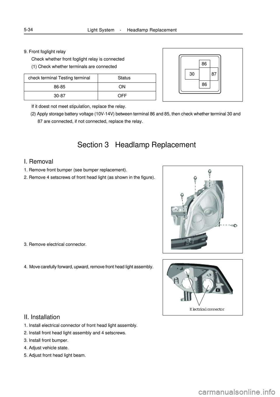 GEELY MK 2008 Workshop Manual 9. Front foglight relay
Check whether front foglight relay is connected
(1) Check whether terminals are connected
check terminal Testing terminal Status
86-85 ON
30-87 OFF If it doest GEELY MK 2008 Workshop Manual 9. Front foglight relay
Check whether front foglight relay is connected
(1) Check whether terminals are connected
check terminal Testing terminal Status
86-85 ON
30-87 OFF If it doest