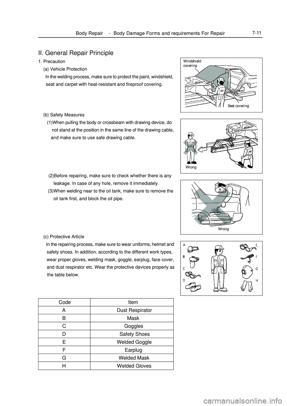 GEELY MK 2008 Workshop Manual II. General Repair Principle1. Precaution
(a) Vehicle Protection
In the welding process, make sure to protect the paint, windshield,
seat and carpet with heat-resistant and fireproof GEELY MK 2008 Workshop Manual II. General Repair Principle1. Precaution
(a) Vehicle Protection
In the welding process, make sure to protect the paint, windshield,
seat and carpet with heat-resistant and fireproof