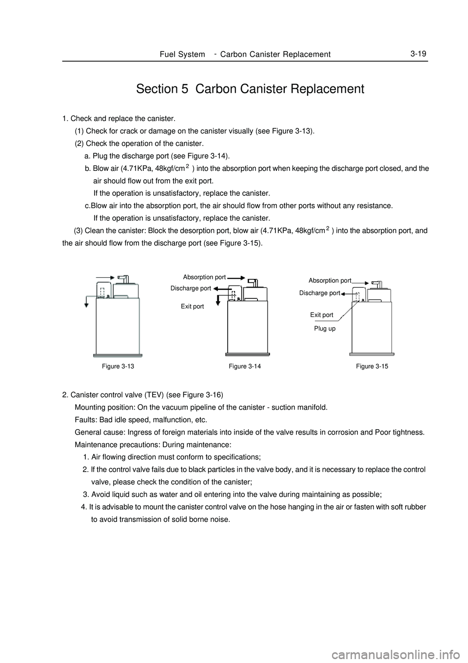 GEELY MK 2008 User Guide Section 5 Carbon Canister Replacement1. Check and replace the canister.
(1) Check for crack or damage on the canister visually (see Figure 3-13).
(2) Check the operation of the canister.
GEELY MK 2008 User Guide Section 5 Carbon Canister Replacement1. Check and replace the canister.
(1) Check for crack or damage on the canister visually (see Figure 3-13).
(2) Check the operation of the canister.