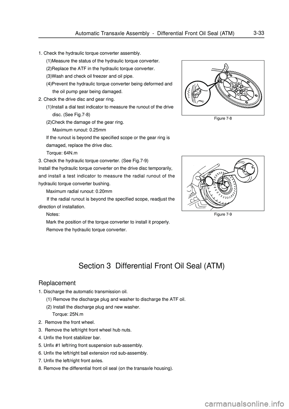 GEELY MK 2008 User Guide Figure 7-93-33Replacement1. Discharge the automatic transmission oil.
(1) Remove the discharge plug and washer to discharge the ATF oil.
(2) Install the discharge plug and new washer.
Torq GEELY MK 2008 User Guide Figure 7-93-33Replacement1. Discharge the automatic transmission oil.
(1) Remove the discharge plug and washer to discharge the ATF oil.
(2) Install the discharge plug and new washer.
Torq