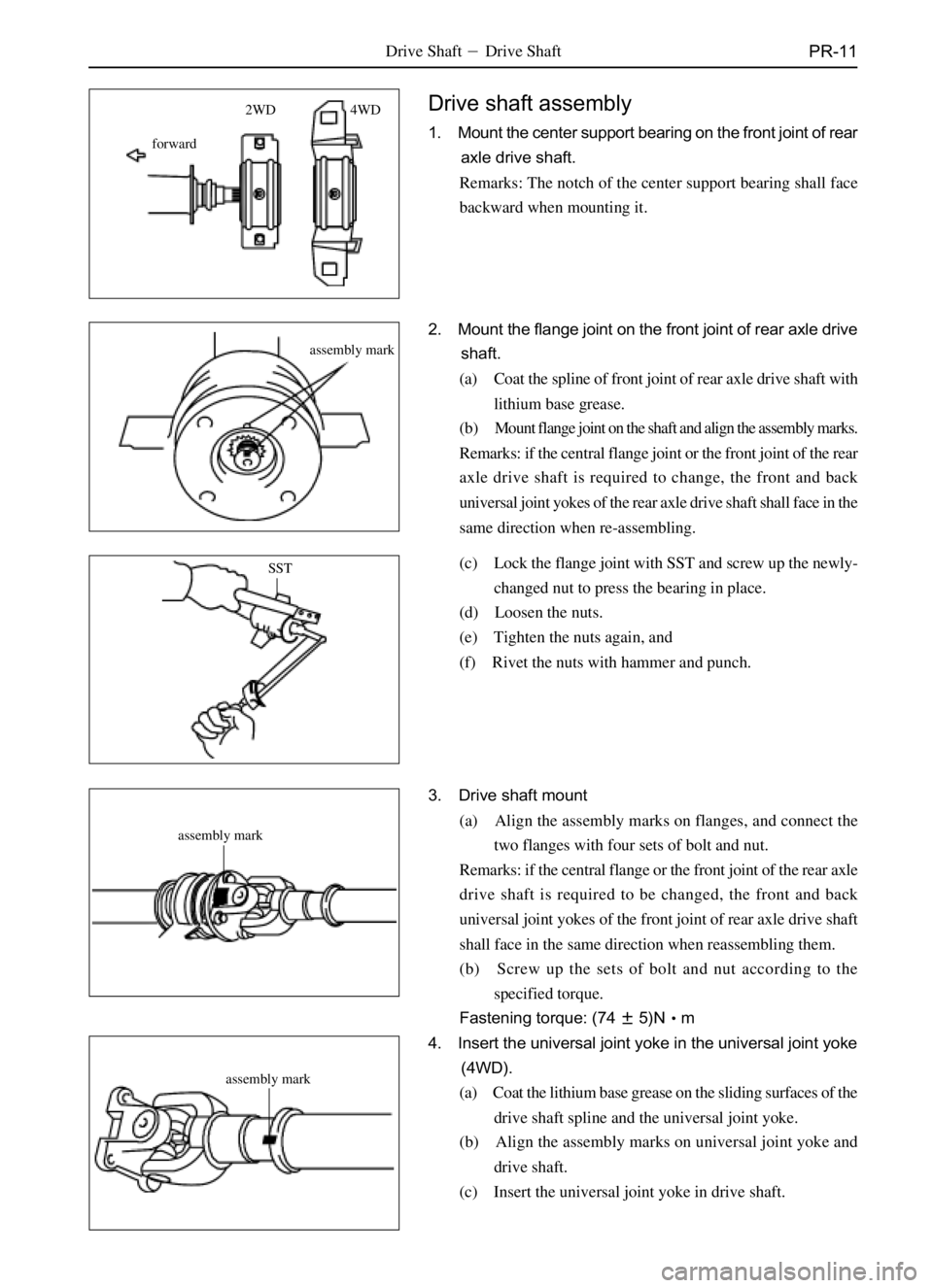 GREAT WALL DEER 2006  Service Manual PR-11Drive ShaftDrive Shaft
Drive shaft assembly
1. Mount the center support bearing on the front joint of rear
axle drive shaft.
Remarks: The notch of the center support bearing shall face
backward 