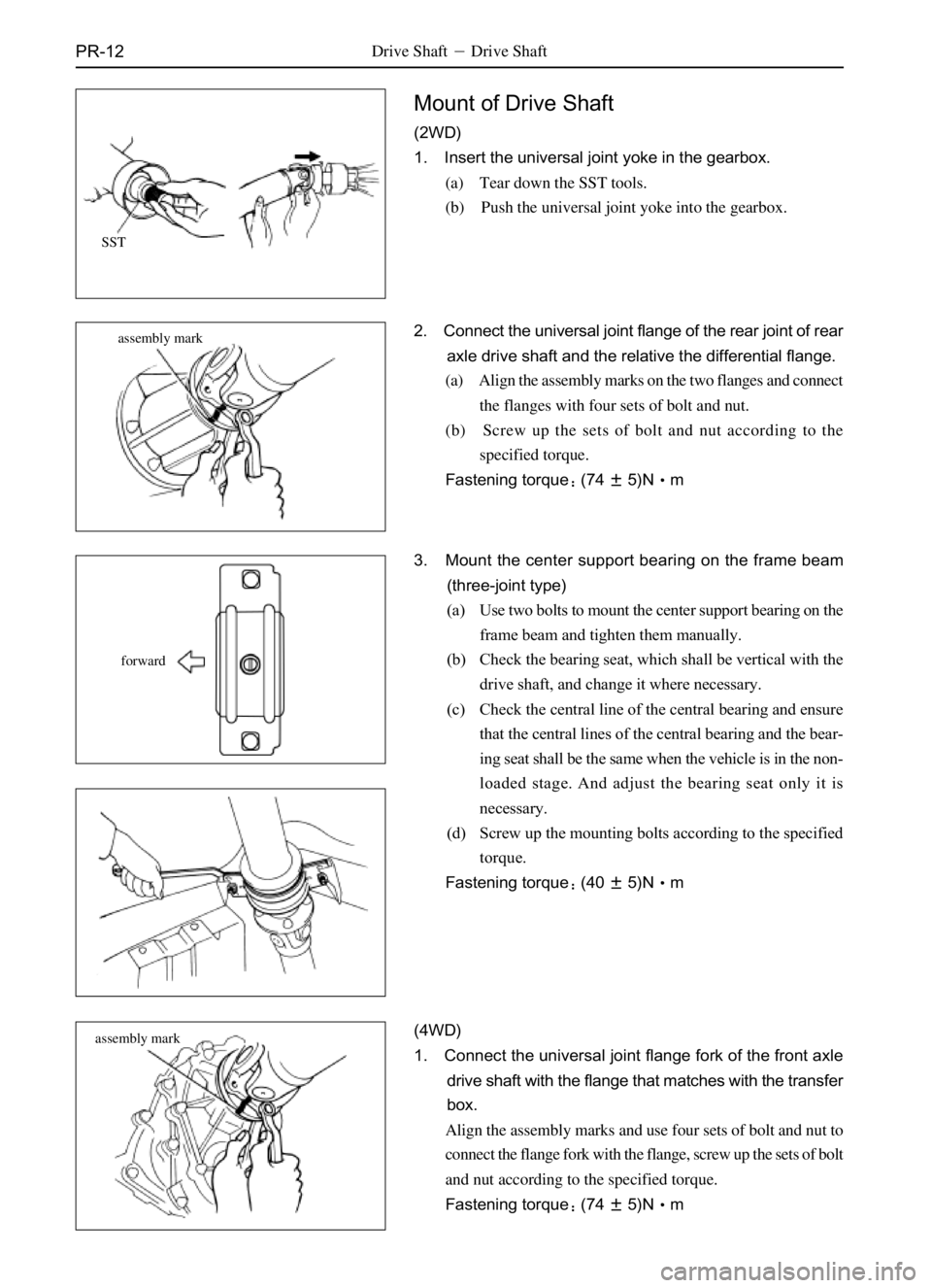 GREAT WALL DEER 2006  Service Manual PR-12Drive ShaftDrive Shaft
Mount of Drive Shaft
(2WD)
1. Insert the universal joint yoke in the gearbox.
(a) Tear down the SST tools.
(b) Push the universal joint yoke into the gearbox.
2. Connect t