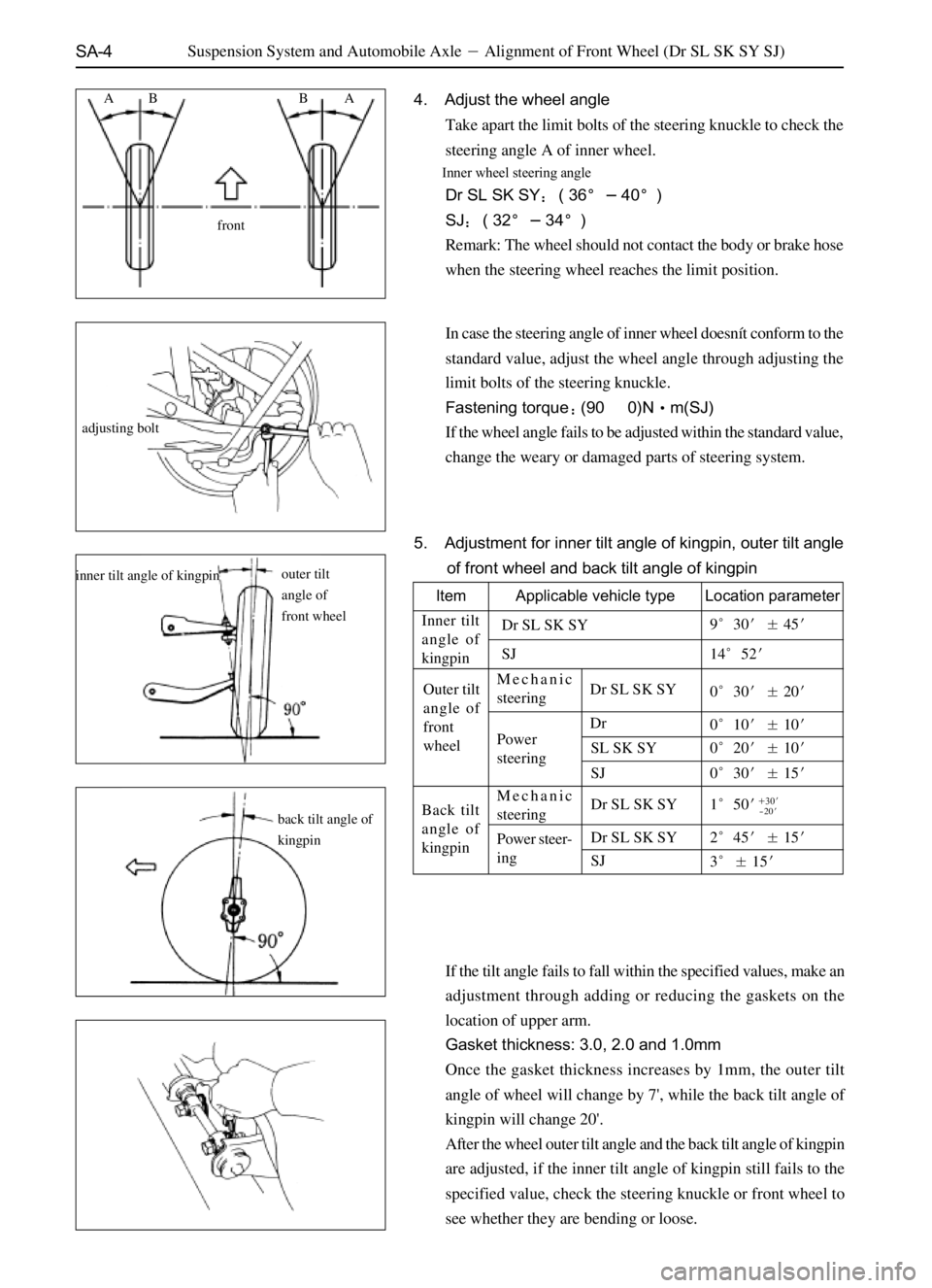 GREAT WALL DEER 2006  Service Manual SA-4Suspension System and Automobile AxleAlignment of Front Wheel (Dr SL SK SY SJ)
5. Adjustment for inner tilt angle of kingpin, outer tilt angle
of front wheel and back tilt angle of kingpin
Item
I