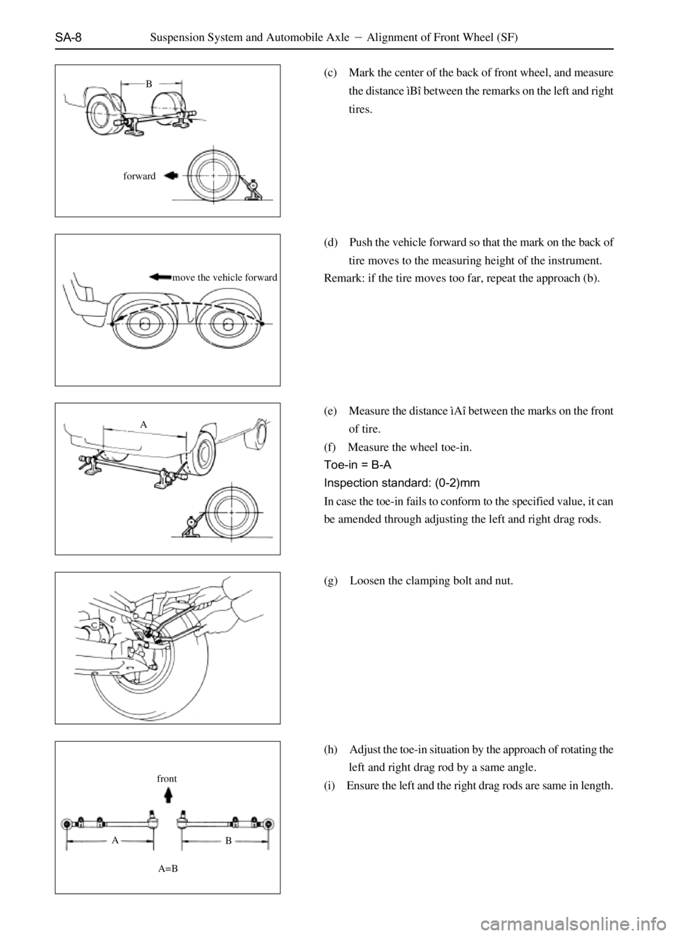 GREAT WALL DEER 2006  Service Manual SA-8Suspension System and Automobile AxleAlignment of Front Wheel (SF)
(c) Mark the center of the back of front wheel, and measure
the distance ìBî between the remarks on the left and right
tires.
