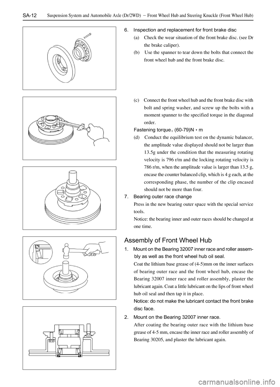 GREAT WALL DEER 2006  Service Manual SA-12
6. Inspection and replacement for front brake disc
(a) Check the wear situation of the front brake disc. (see Dr
the brake caliper).
(b) Use the spanner to tear down the bolts that connect the
f