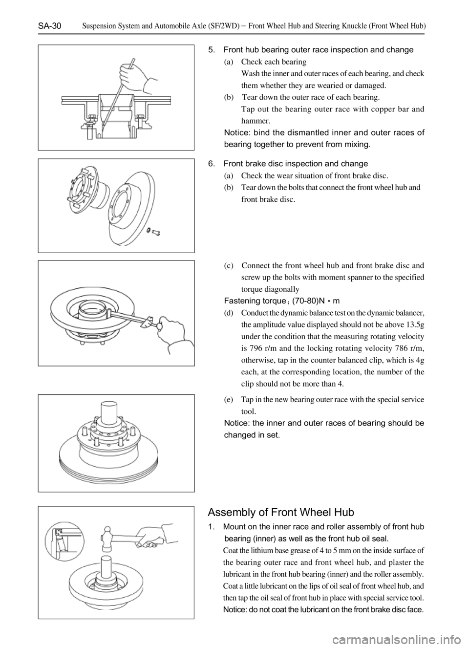 GREAT WALL DEER 2006  Service Manual SA-30
5. Front hub bearing outer race inspection and change
(a) Check each bearing
Wash the inner and outer races of each bearing, and check
them whether they are wearied or damaged.
(b) Tear down the
