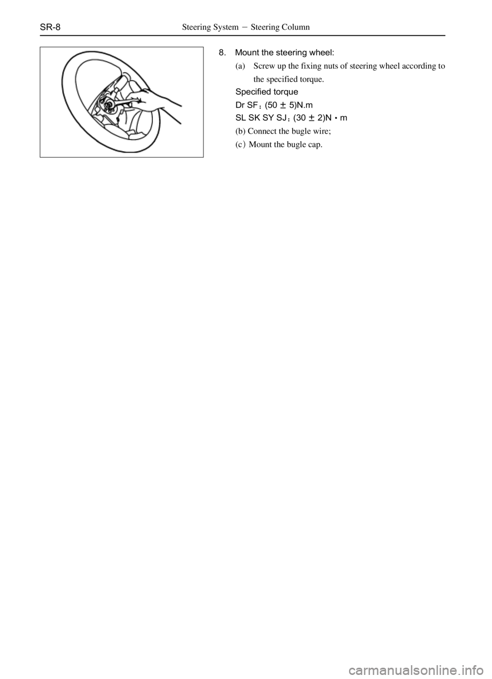 GREAT WALL DEER 2006  Service Manual SR-8
8. Mount the steering wheel:
(a) Screw up the fixing nuts of steering wheel according to
the specified torque.
Specified torque
Dr SF(505)N.m
SL SK SY SJ(302)Nm
(b) Connect the bugle wire;
(