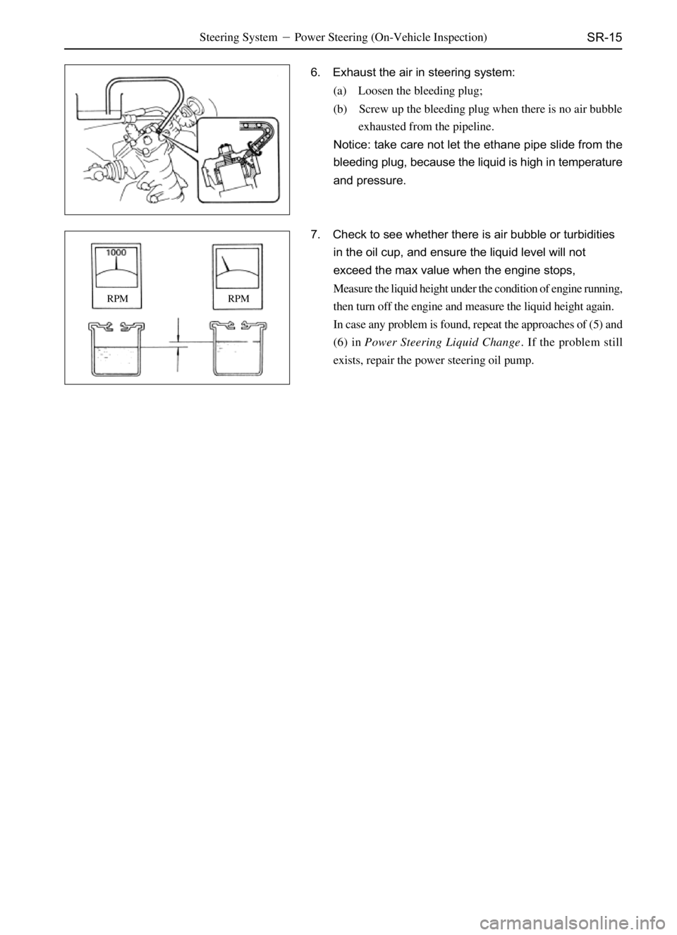 GREAT WALL DEER 2006  Service Manual SR-15Steering SystemPower Steering (On-Vehicle Inspection)
6. Exhaust the air in steering system:
(a) Loosen the bleeding plug;
(b) Screw up the bleeding plug when there is no air bubble
exhausted fr