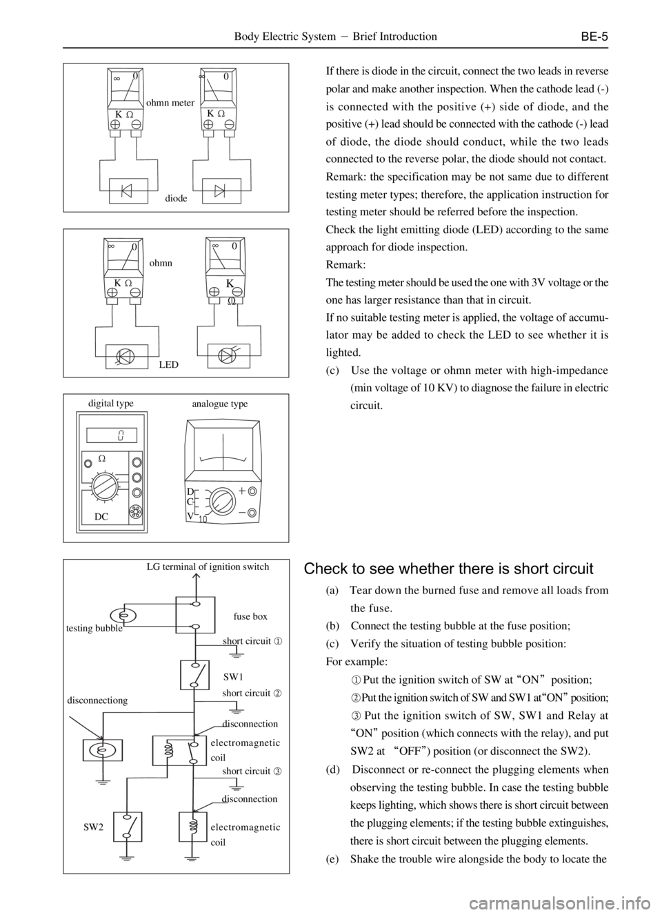 GREAT WALL DEER 2006  Service Manual BE-5
If there is diode in the circuit, connect the two leads in reverse
polar and make another inspection. When the cathode lead (-)
is connected with the positive (+) side of diode, and the
positive 