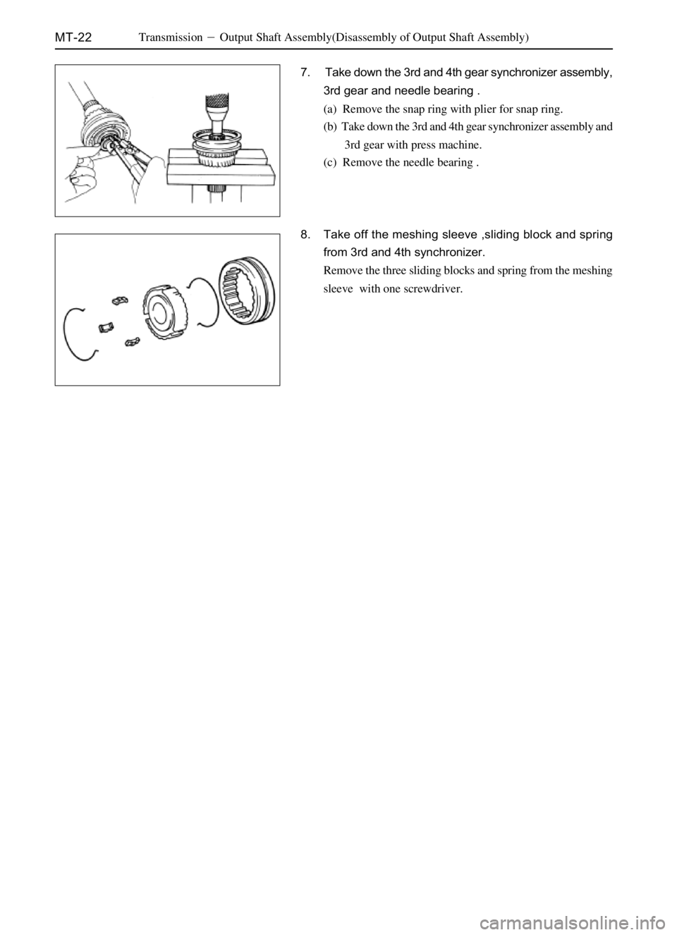 GREAT WALL DEER 2006  Service Manual MT-22TransmissionOutput Shaft Assembly(Disassembly of Output Shaft Assembly)
7.  Take down the 3rd and 4th gear synchronizer assembly,
3rd gear and needle bearing .
(a)  Remove the snap ring with pli