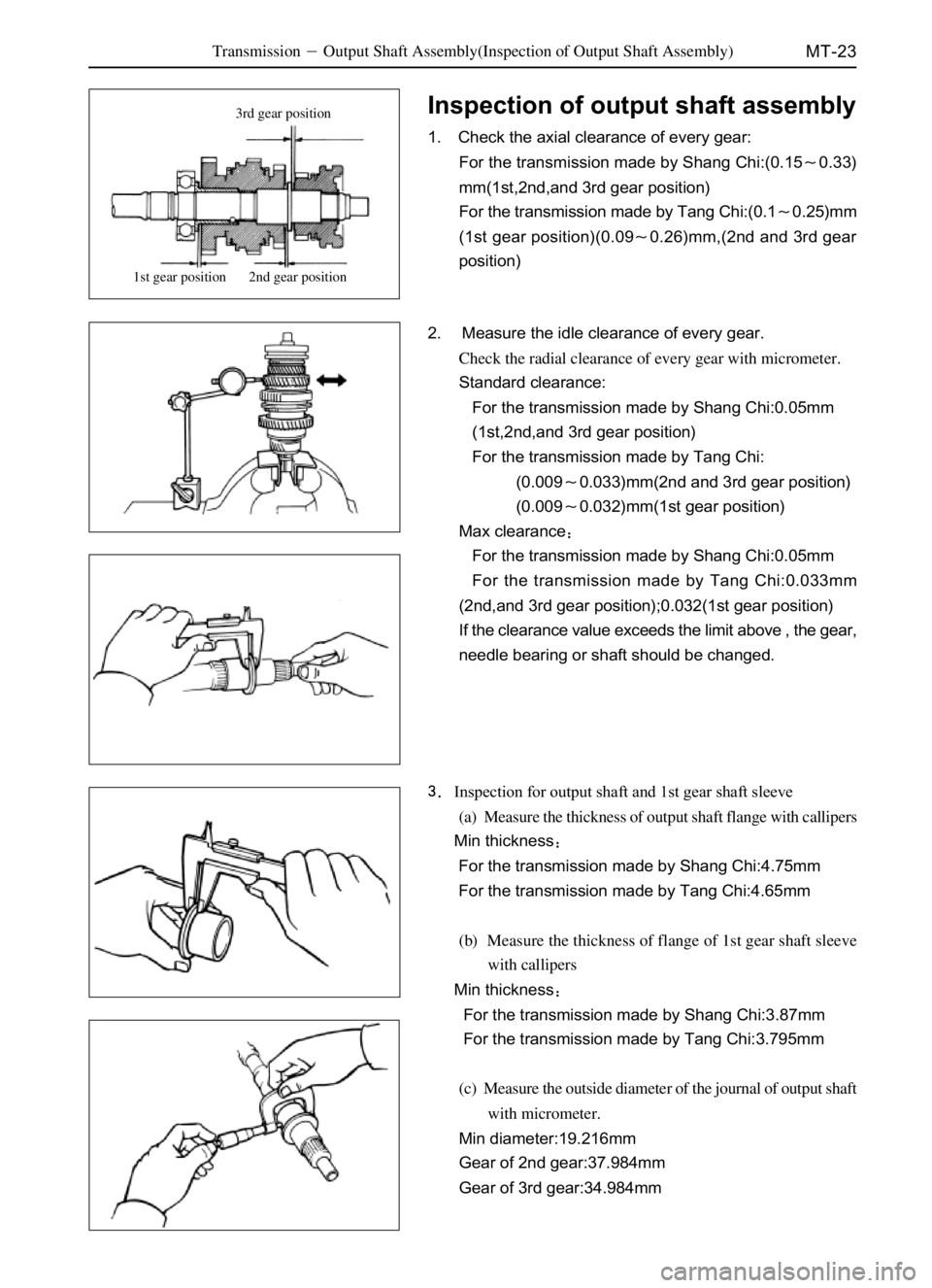 GREAT WALL DEER 2006  Service Manual MT-23
Inspection of output shaft assembly
1. Check the axial clearance of every gear:
For the transmission made by Shang Chi:(0.150.33)
mm(1st,2nd,and 3rd gear position)
For the transmission made by 