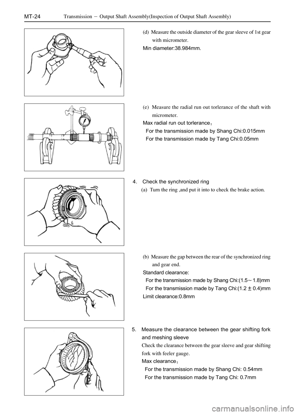 GREAT WALL DEER 2006  Service Manual MT-24
(d)  Measure the outside diameter of the gear sleeve of 1st gear
with micrometer.
Min diameter:38.984mm.
(e)  Measure the radial run out torlerance of the shaft with
micrometer.
Max radial run o