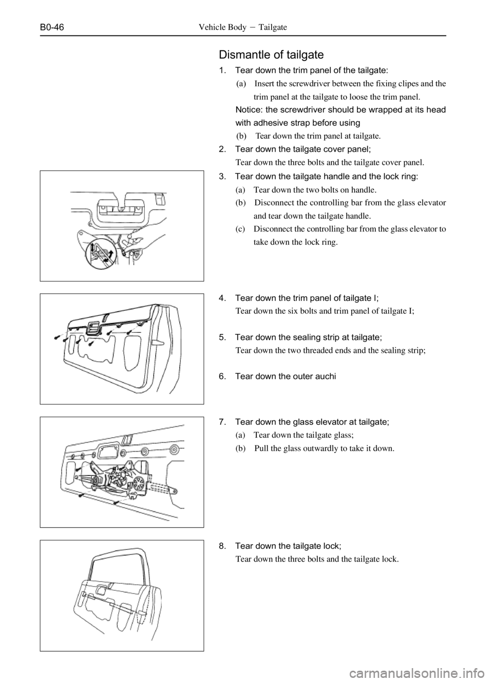 GREAT WALL DEER 2006  Service Manual B0-46Vehicle BodyTailgate
Dismantle of tailgate
1. Tear down the trim panel of the tailgate:
(a) Insert the screwdriver between the fixing clipes and the
trim panel at the tailgate to loose the trim 