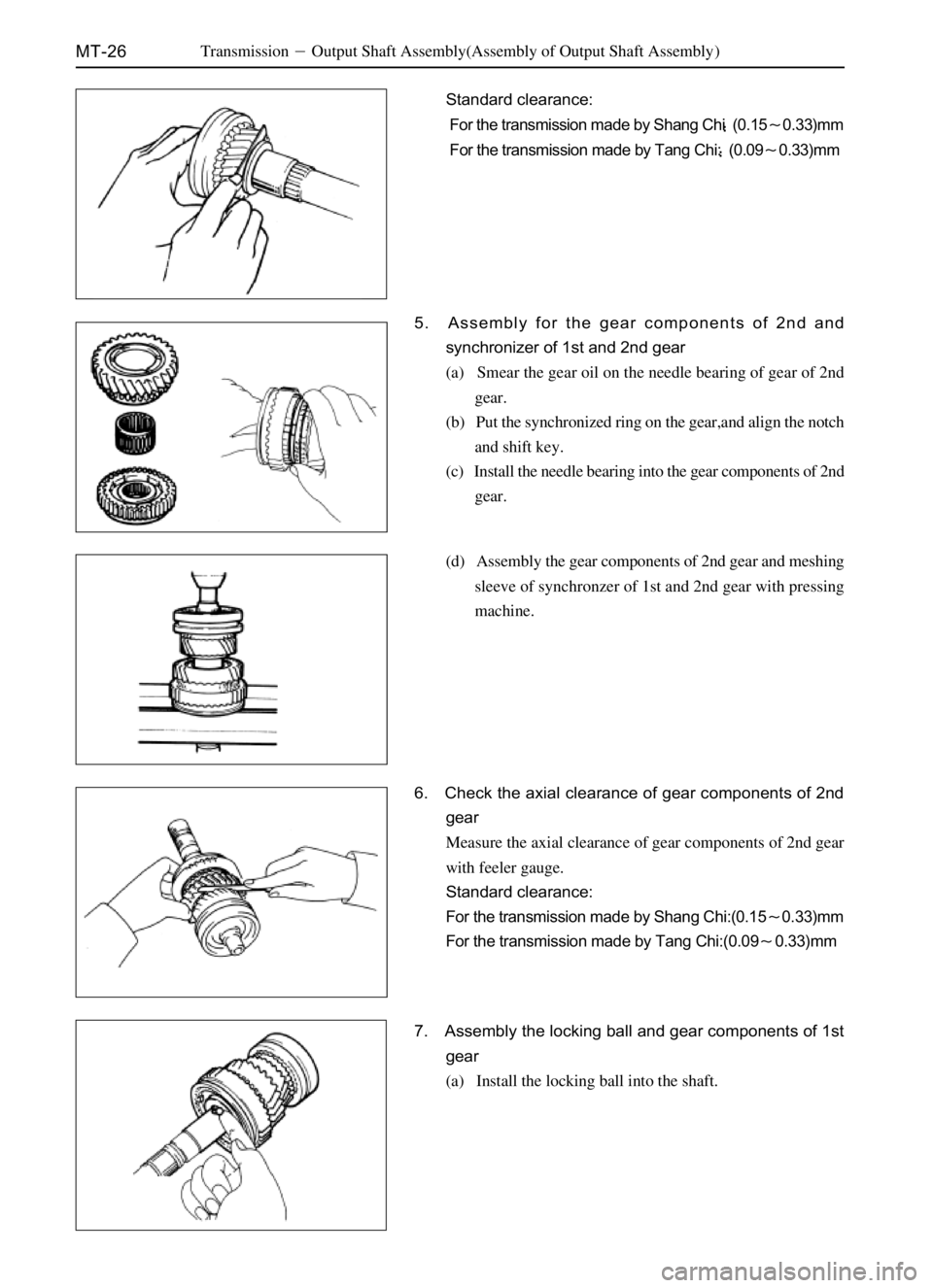 GREAT WALL DEER 2006  Service Manual MT-26TransmissionOutput Shaft Assembly(Assembly of Output Shaft Assembly)
Standard clearance:
 For the transmission made by Shang Chi(0.150.33)mm
 For the transmission made by Tang Chi:(0.090.33)