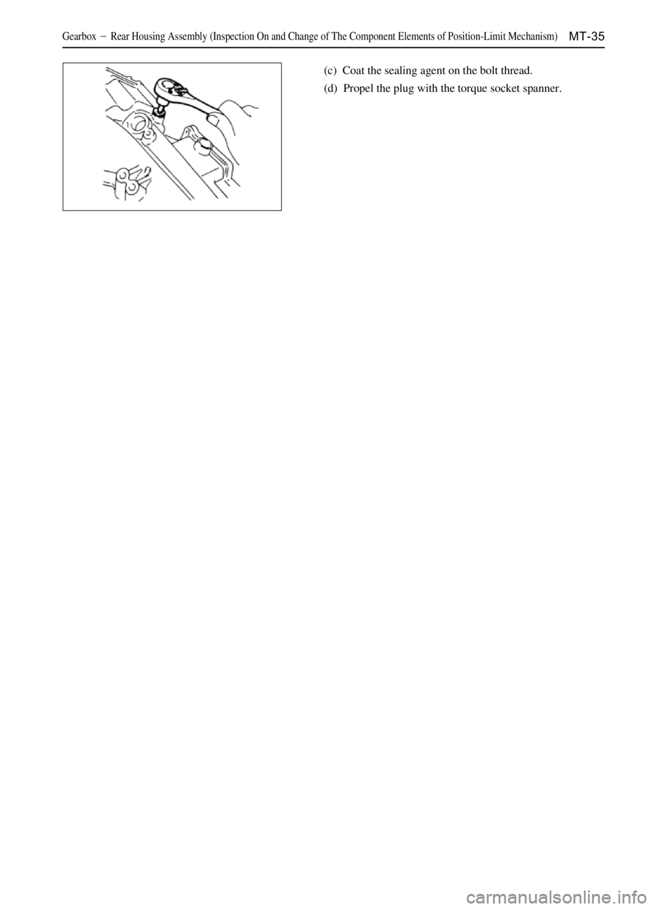 GREAT WALL DEER 2006  Service Manual MT-35GearboxRear Housing Assembly (Inspection On and Change of The Component Elements of Position-Limit Mechanism)
(c)  Coat the sealing agent on the bolt thread.
(d)  Propel the plug with the torque