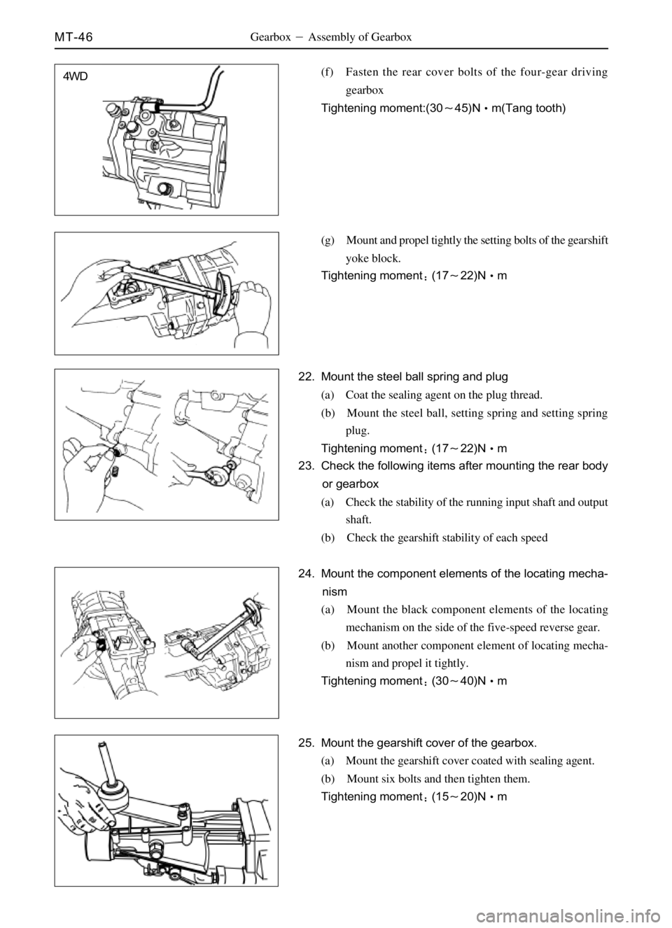 GREAT WALL DEER 2006 Repair Manual MT-46
4WD
Gearbox Assembly of Gearbox
(f) Fasten the rear cover bolts of the four-gear driving
gearbox
Tightening moment:(3045)Nm(Tang tooth)
(g) Mount and propel tightly the setting bolts of the g