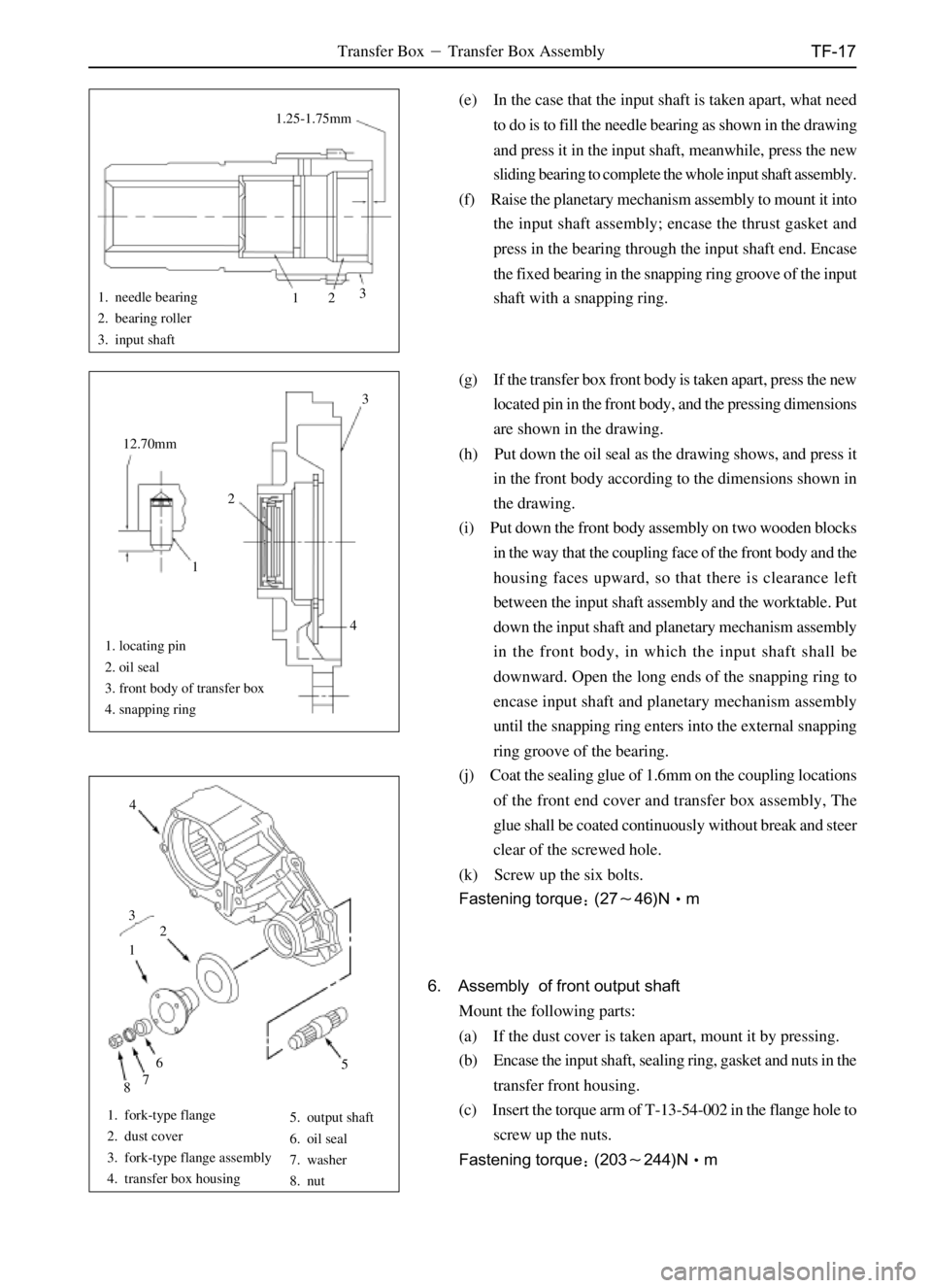 GREAT WALL DEER 2006  Service Manual TF-17
1.25-1.75mm
23
1
12.70mm
13
2
4
4
2
1
5 6
7
83
(e) In the case that the input shaft is taken apart, what need
to do is to fill the needle bearing as shown in the drawing
and press it in the inpu