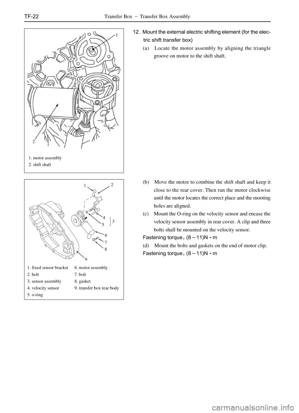GREAT WALL DEER 2006  Service Manual TF-22
12
3 4
6
7
8
95
21
Transfer BoxTransfer Box Assembly
1. motor assembly
2. shift shaft
1. fixed sensor bracket
2. bolt
3. sensor assembly
4. velocity sensor
5. o-ring6. motor assembly
7. bolt
8.