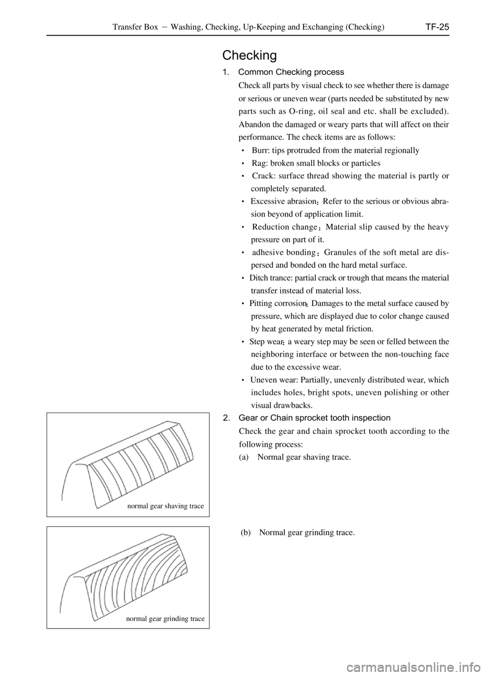 GREAT WALL DEER 2006  Service Manual TF-25
(b) Normal gear grinding trace.
Transfer BoxWashing, Checking, Up-Keeping and Exchanging (Checking)
Checking
1. Common Checking process
Check all parts by visual check to see whether there is d