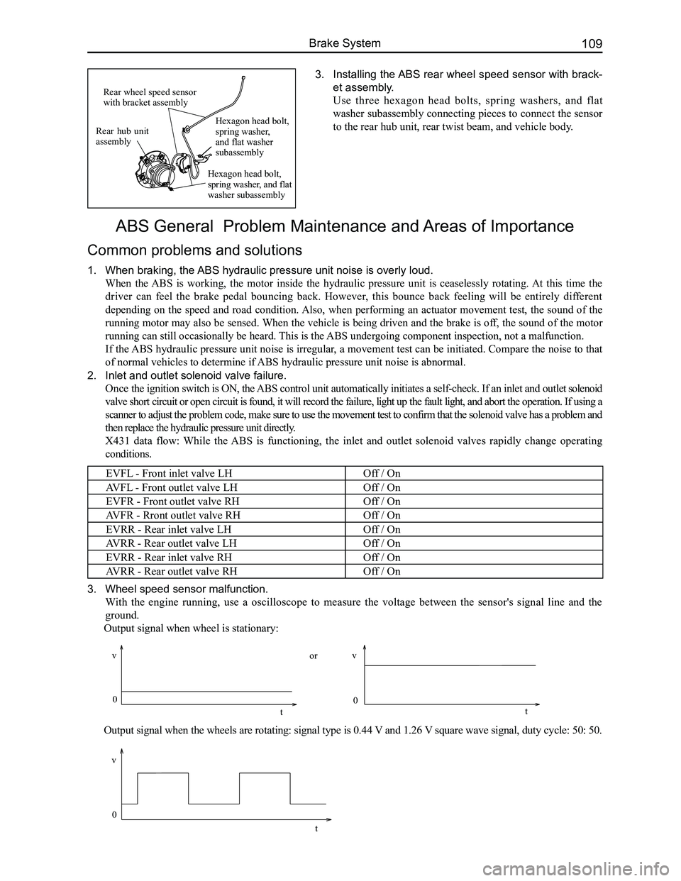 GREAT WALL FLORID 2008  Service Manual Downloaded from www.Manualslib.com manuals search engine 109Brake System
3. Installing the ABS rear wheel speed sensor with brack-
et assembly.
Use  three  hexagon  head  bolts,  spring  washers,  and