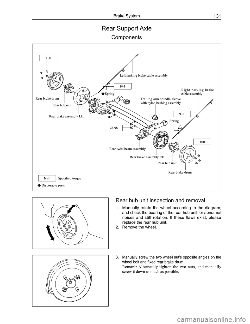 GREAT WALL FLORID 2008  Service Manual Downloaded from www.Manualslib.com manuals search engine 131Brake System
Rear Support Axle
Components
Rear hub unit inspection and removal
1. Manually  rotate  the  wheel  according  to  the  diagram,