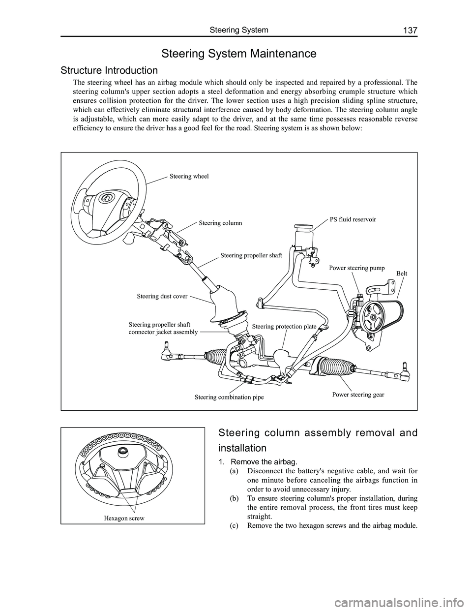GREAT WALL FLORID 2008  Service Manual Downloaded from www.Manualslib.com manuals search engine 137Steering System
Steering System Maintenance
Structure Introduction
The  steering  wheel  has  an  airbag  module  which  should  only  be  i