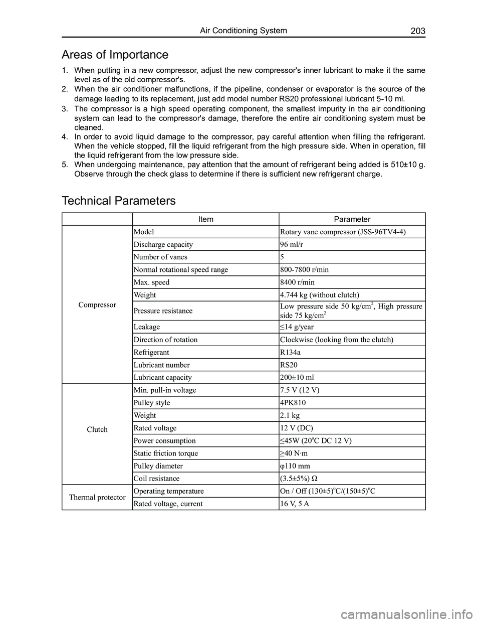 GREAT WALL FLORID 2008  Service Manual Downloaded from www.Manualslib.com manuals search engine 203Air Conditioning System
Areas of Importance
1. When  putting  in  a  new  compressor,  adjust  the  new  compressor's  inner  lubricant 