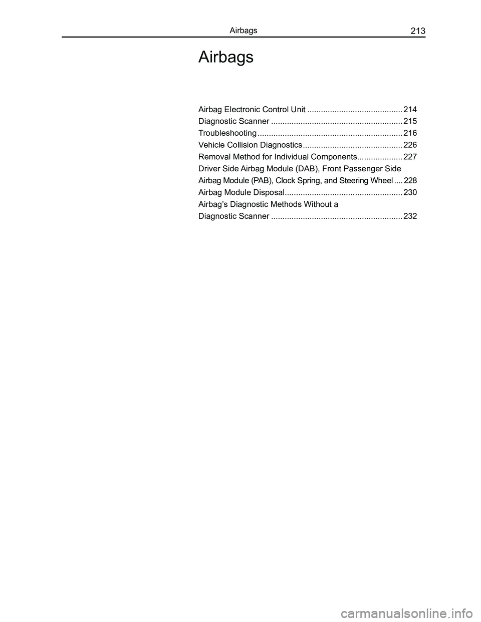 GREAT WALL FLORID 2008  Service Manual Downloaded from www.Manualslib.com manuals search engine 213Airbags
Airbags
Airbag Electronic Control Unit ..........................................214
Diagnostic Scanner ............................