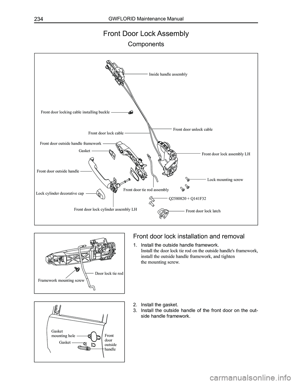 GREAT WALL FLORID 2008  Service Manual Downloaded from www.Manualslib.com manuals search engine GWFLORID Maintenance Manual234
Front Door Lock Assembly
Components
Front door lock installation and removal
1. Install the outside handle frame