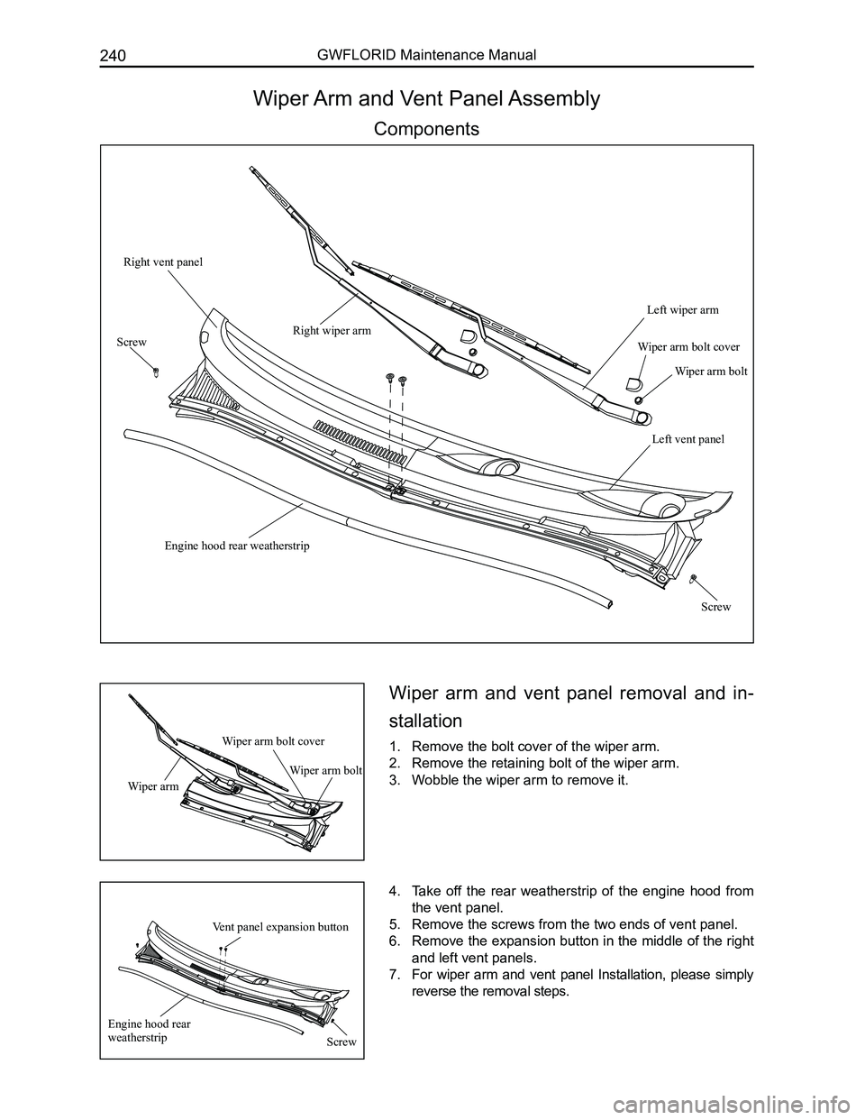 GREAT WALL FLORID 2008  Service Manual Downloaded from www.Manualslib.com manuals search engine GWFLORID Maintenance Manual240
Wiper  arm  and  vent  panel  removal  and  in-
stallation
1. Remove the bolt cover of the wiper arm.
2. Remove 