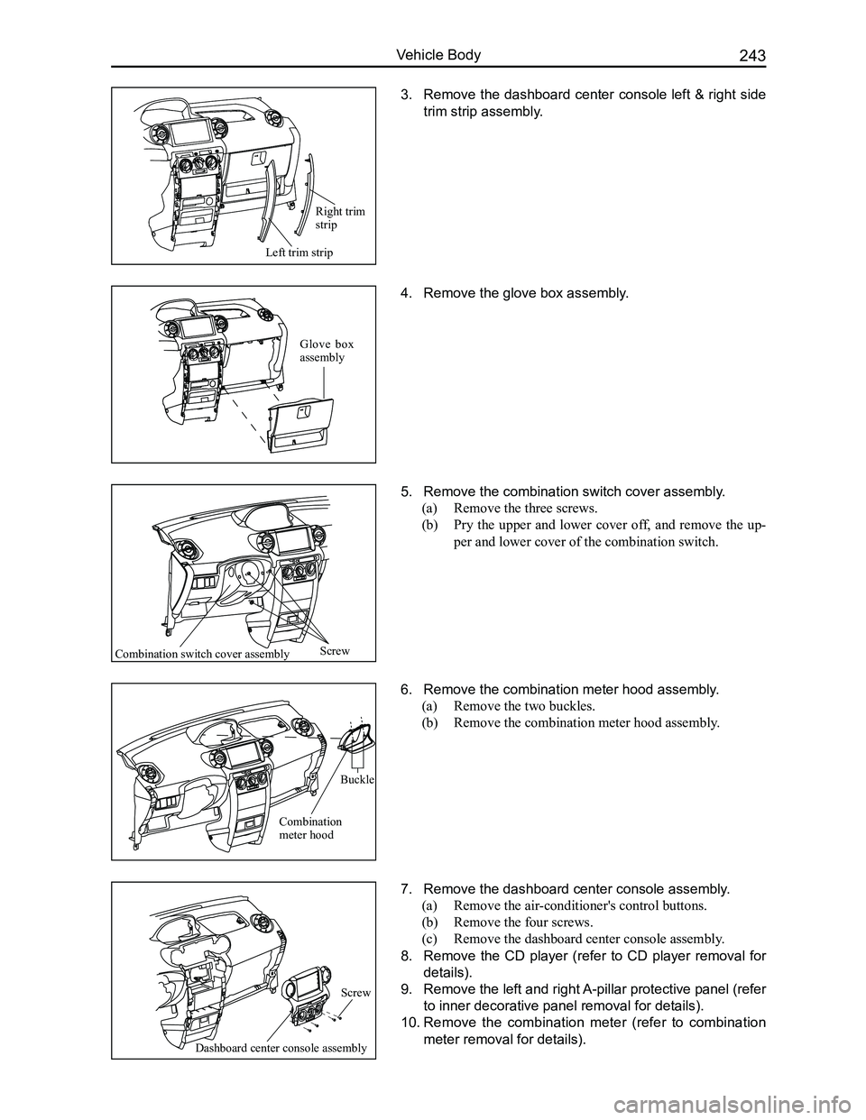 GREAT WALL FLORID 2008  Service Manual Downloaded from www.Manualslib.com manuals search engine 243Vehicle Body
   
3. Remove the dashboard center console left & right side 
trim strip assembly.
4. Remove the glove box assembly.
5. Remove 