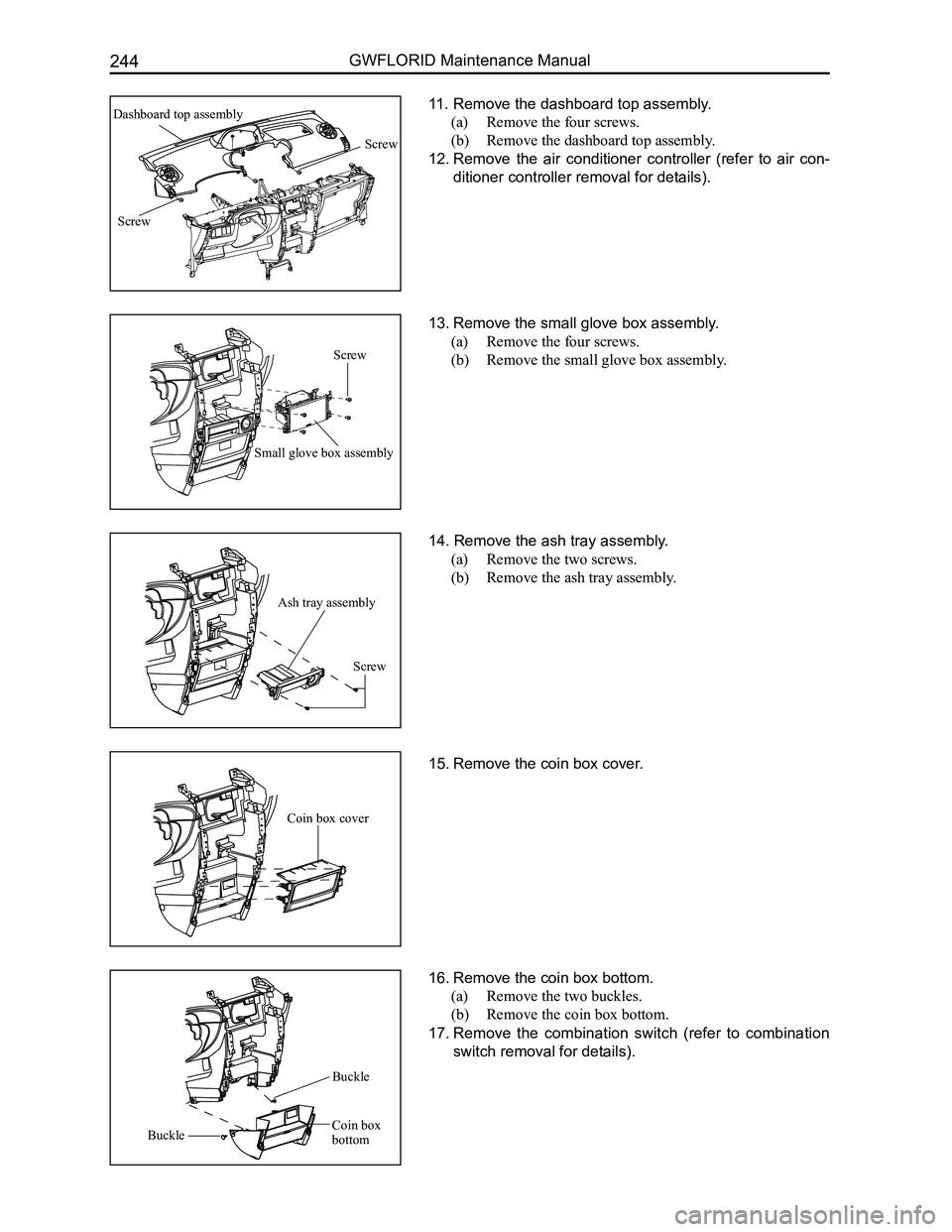 GREAT WALL FLORID 2008  Service Manual Downloaded from www.Manualslib.com manuals search engine 244GWFLORID Maintenance Manual
11. Remove the dashboard top assembly.
(a)  Remove the four screws.
(b) Remove the dashboard top assembly.
12. R