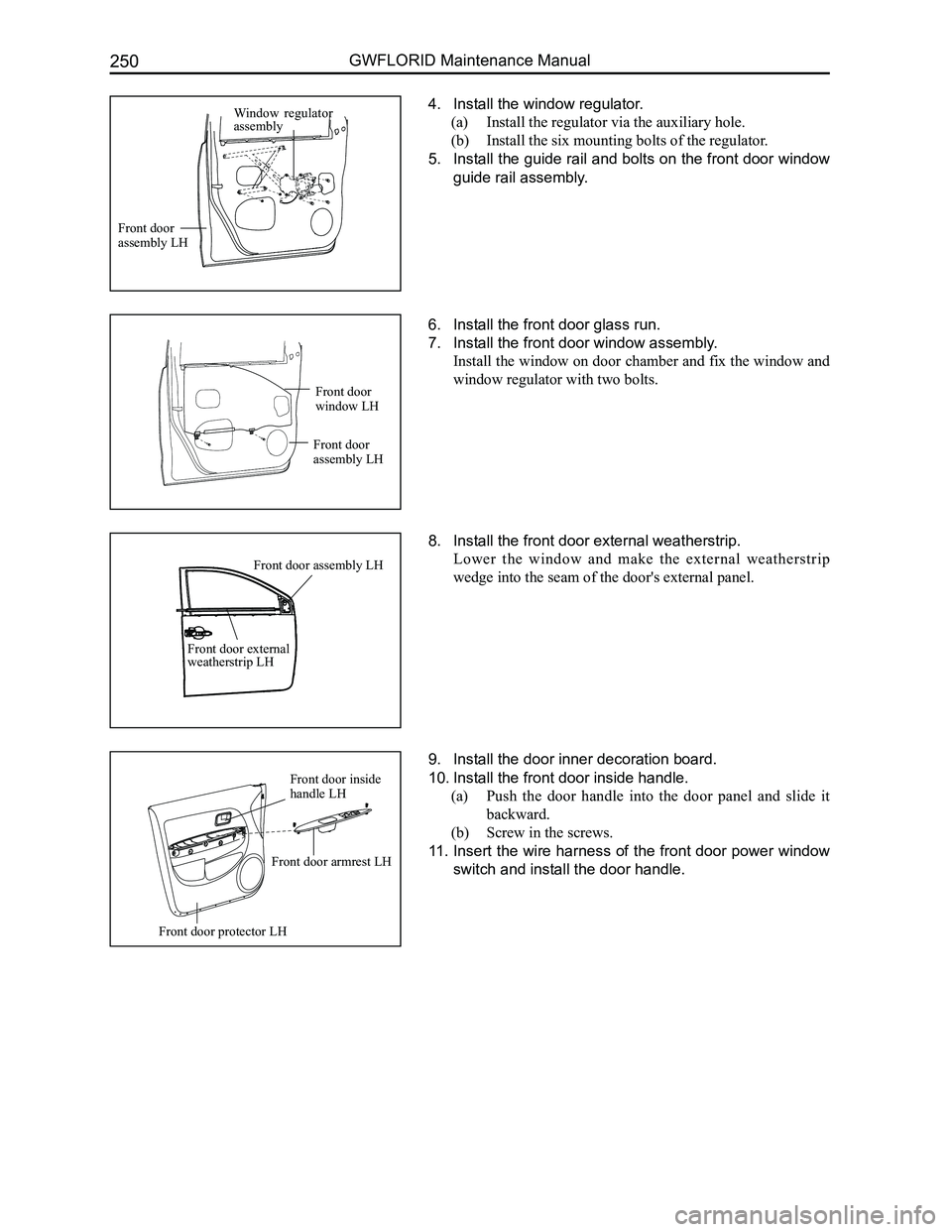 GREAT WALL FLORID 2008  Service Manual Downloaded from www.Manualslib.com manuals search engine GWFLORID Maintenance Manual250
6. Install the front door glass run.
7. Install the front door window assembly.
Install the window on door chamb