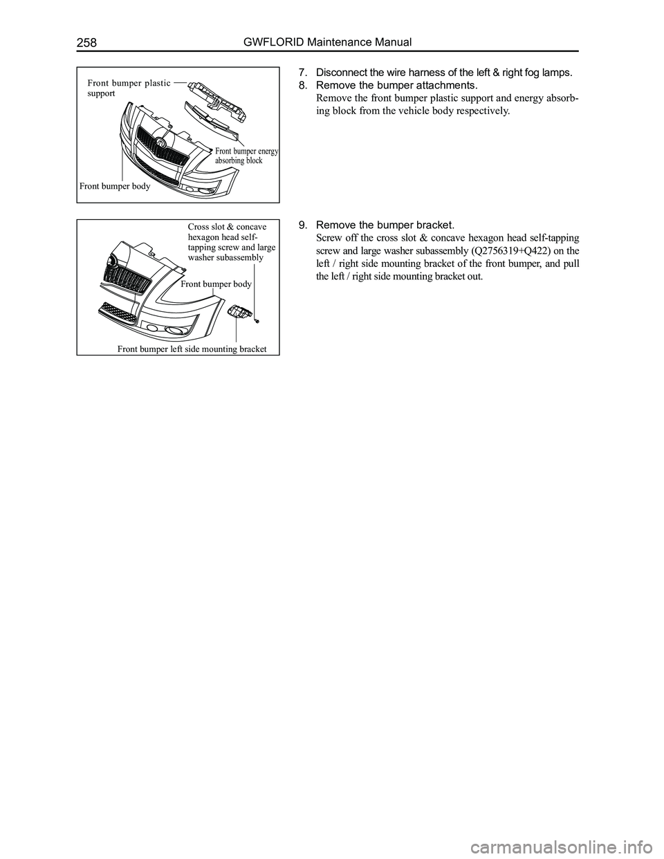 GREAT WALL FLORID 2008  Service Manual Downloaded from www.Manualslib.com manuals search engine GWFLORID Maintenance Manual258
7. Disconnect the wire harness of the left & right fog lamps.
8. Remove the bumper attachments.
Remove the front