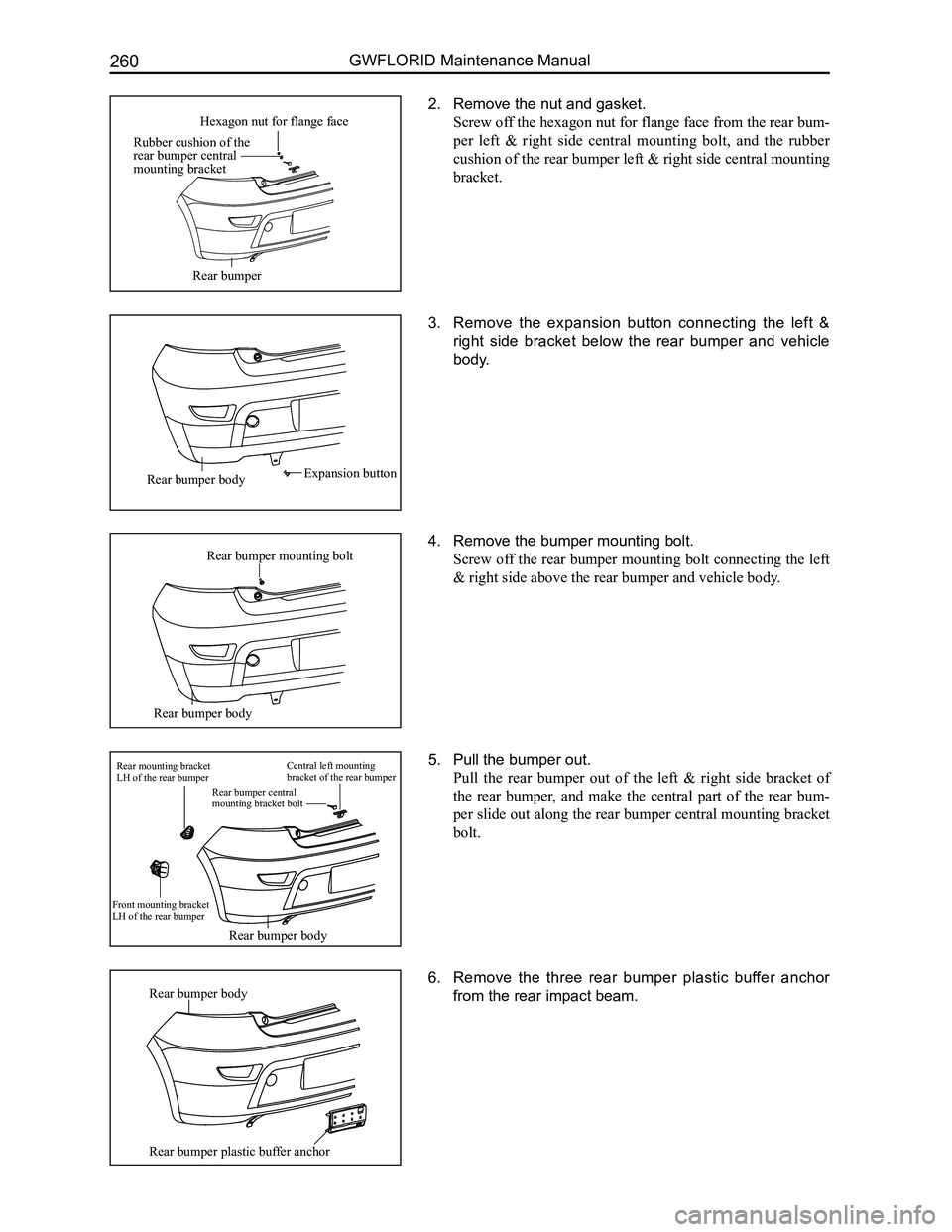 GREAT WALL FLORID 2008  Service Manual Downloaded from www.Manualslib.com manuals search engine GWFLORID Maintenance Manual260
2. Remove the nut and gasket.
Screw off the hexagon nut for flange face from the rear bum-
per  left  &  right  